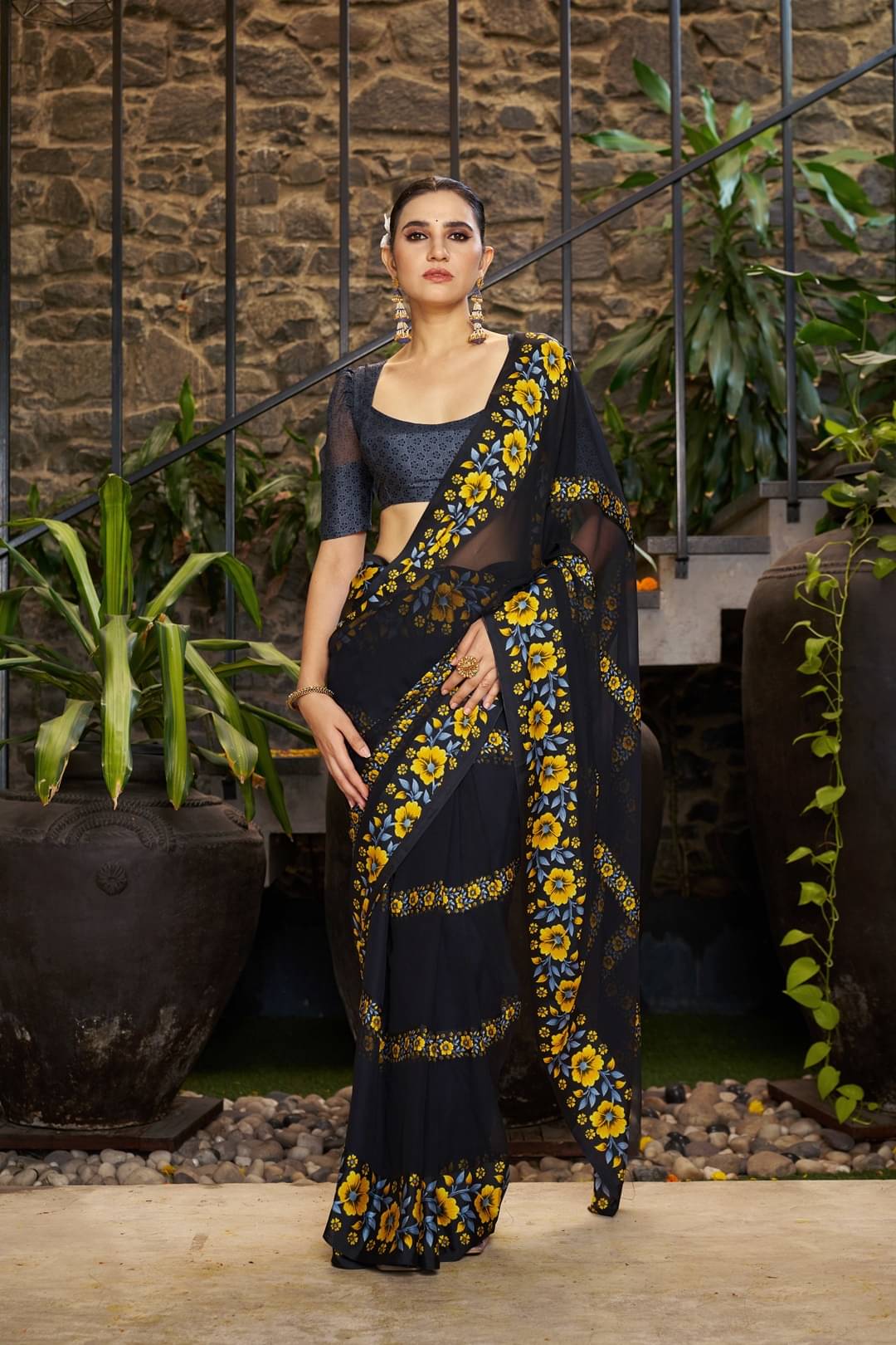     			Sitanjali Satin Printed Saree With Unstitched Blouse Piece ( Yellow )
