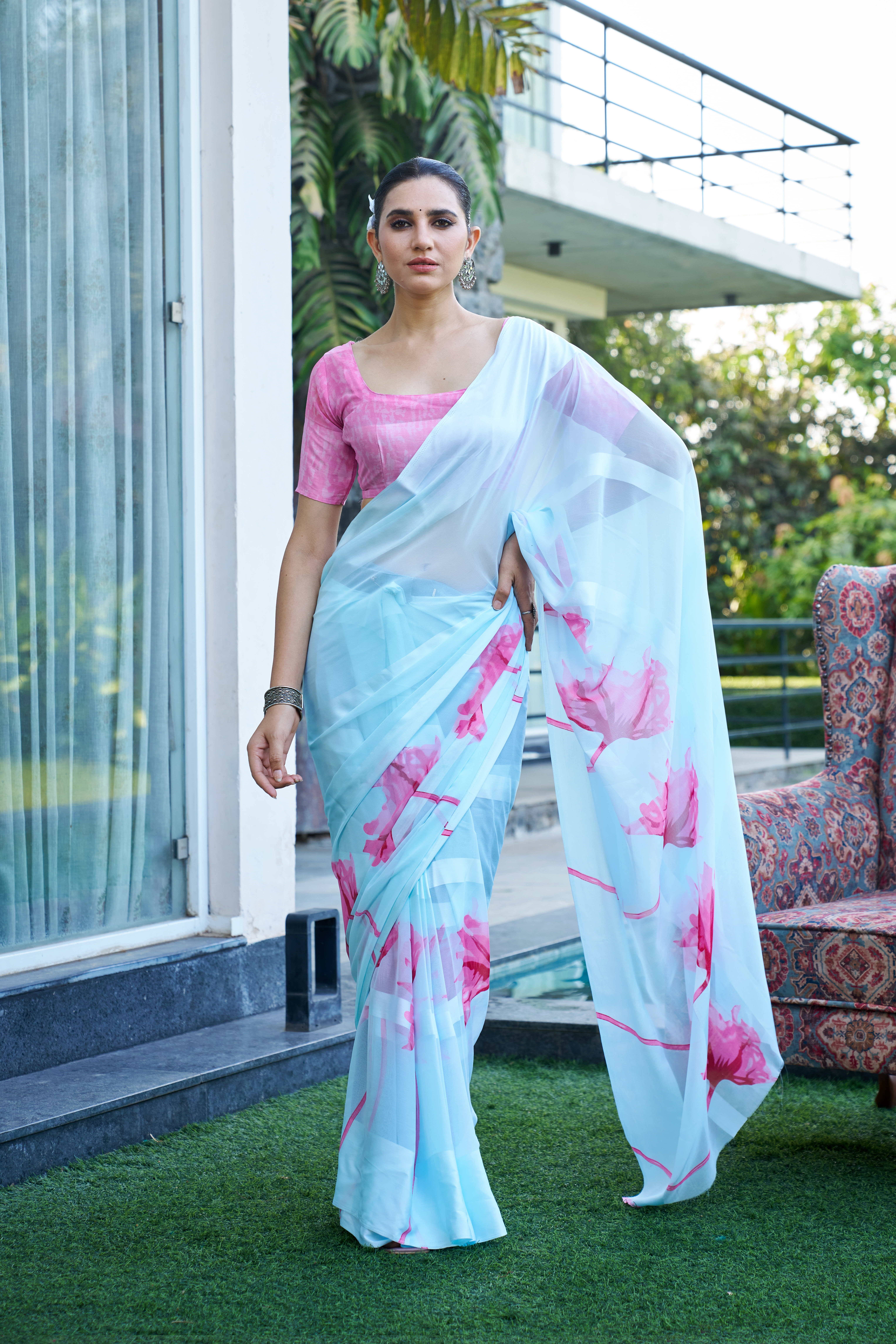 Sitanjali Satin Printed Saree With Unstitched Blouse Piece ( Blue ) Sitanjali Satin Printed Saree With Unstitched Blouse Piece ( Blue )