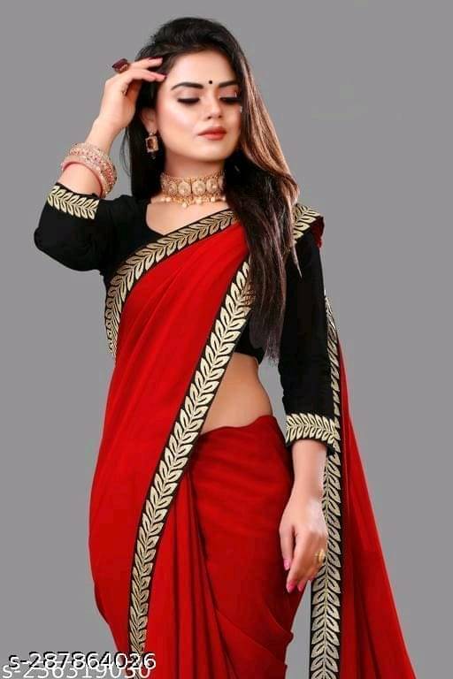 V FANCY Chiffon Solid Saree With Stitched Blouse ( Red ) V FANCY Chiffon Solid Saree With Stitched Blouse ( Red )
