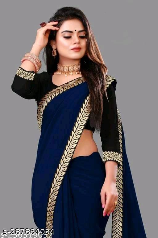     			V FANCY Chiffon Solid Saree With Stitched Blouse ( Navy Blue )
