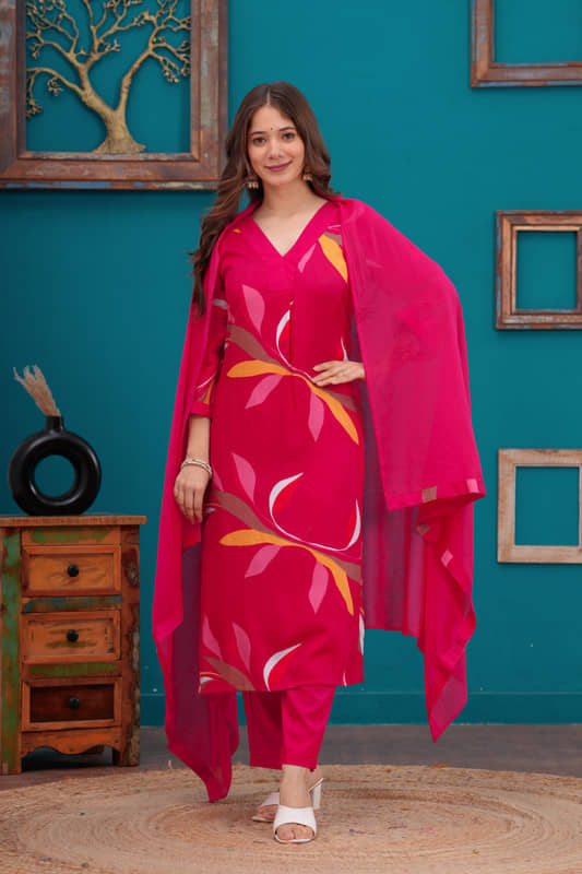 piludi Women Polyester Printed Straight Kurti With Pants ( Pink )