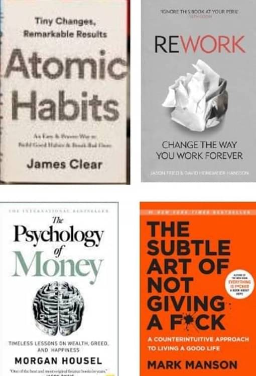 Atomic Habits + Rework + The Psychology Of Money + The Subtle Art     			Atomic Habits + Rework + The Psychology Of Money + The Subtle Art