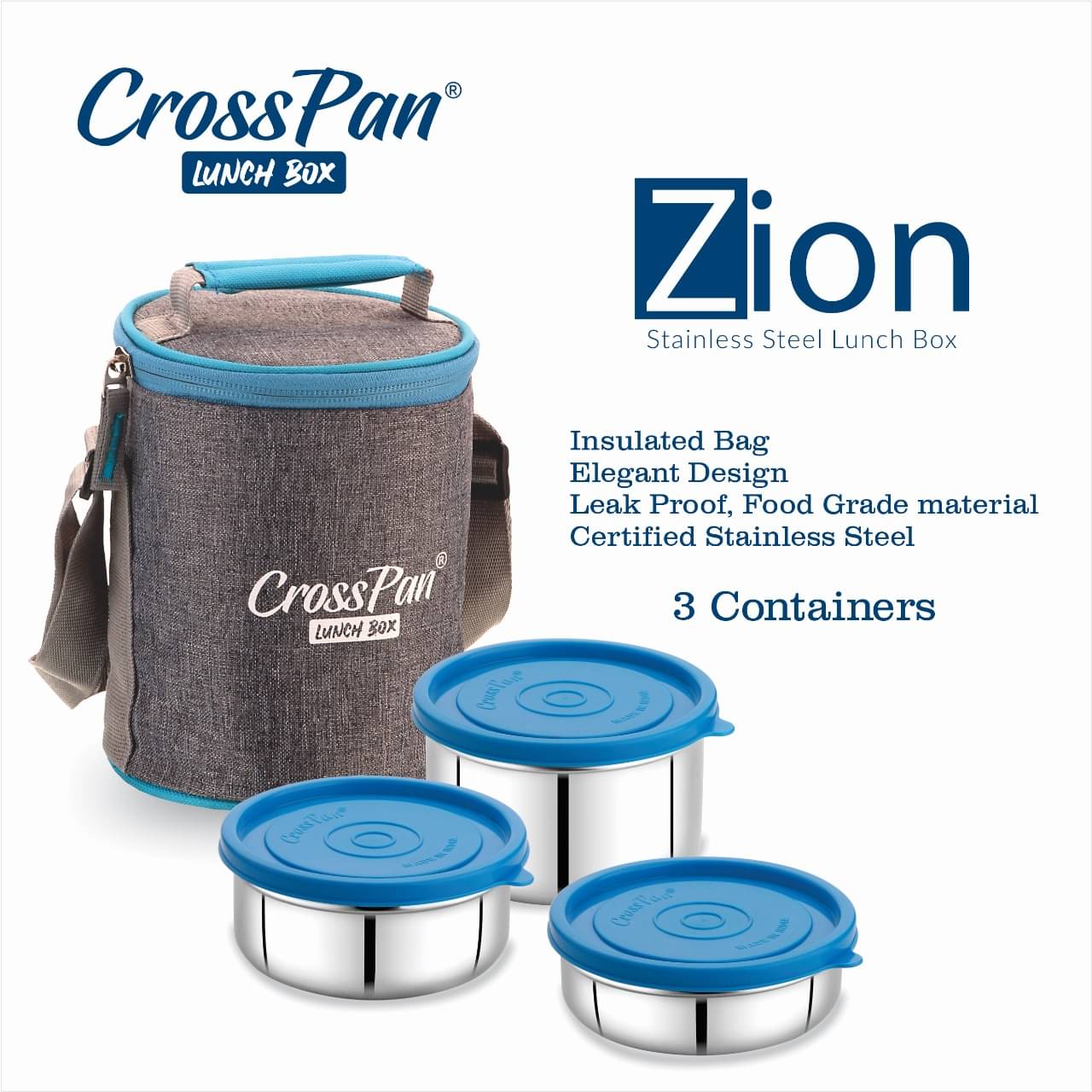     			CrossPan ZION 3 Container 200,350,500ml Stainless Steel Lunch Box 3 - Container ( Pack of 1 )