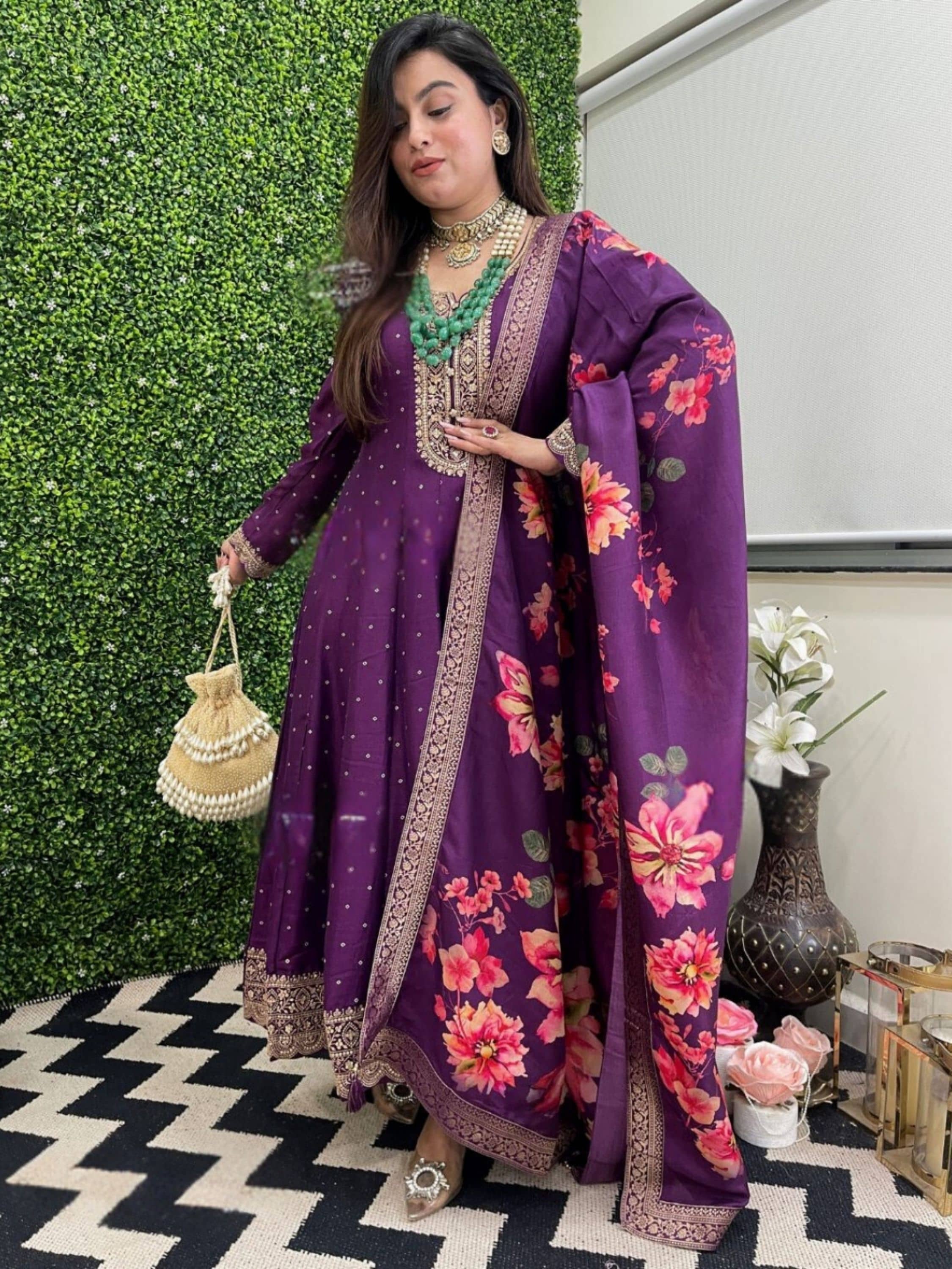 Eeloo Women Silk Embellished Anarkali Kurti With Pants ( Purple )