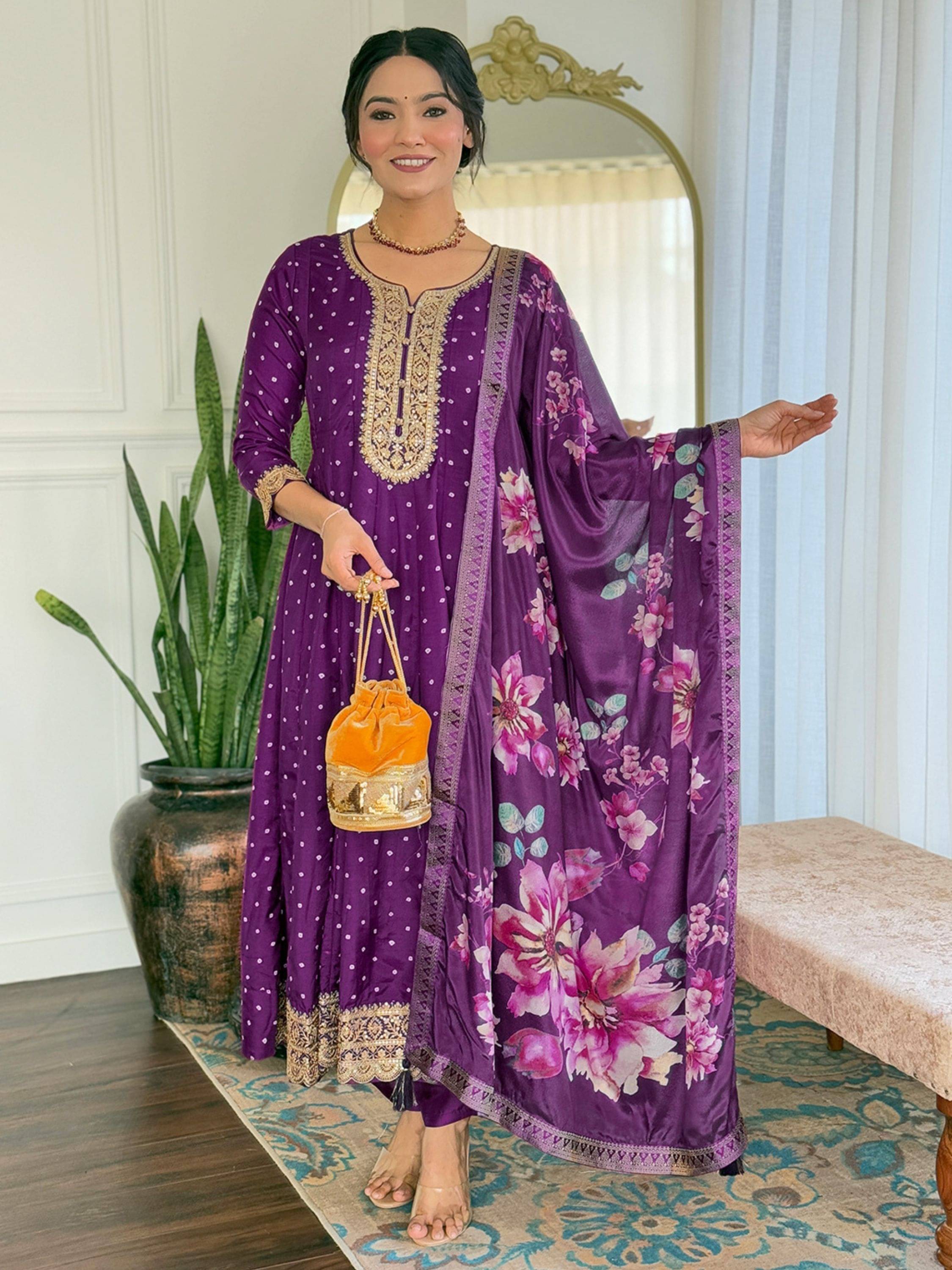 Eeloo Women Silk Embellished Flared Kurti With Pants ( Purple ) Eeloo Women Silk Embellished Flared Kurti With Pants ( Purple )