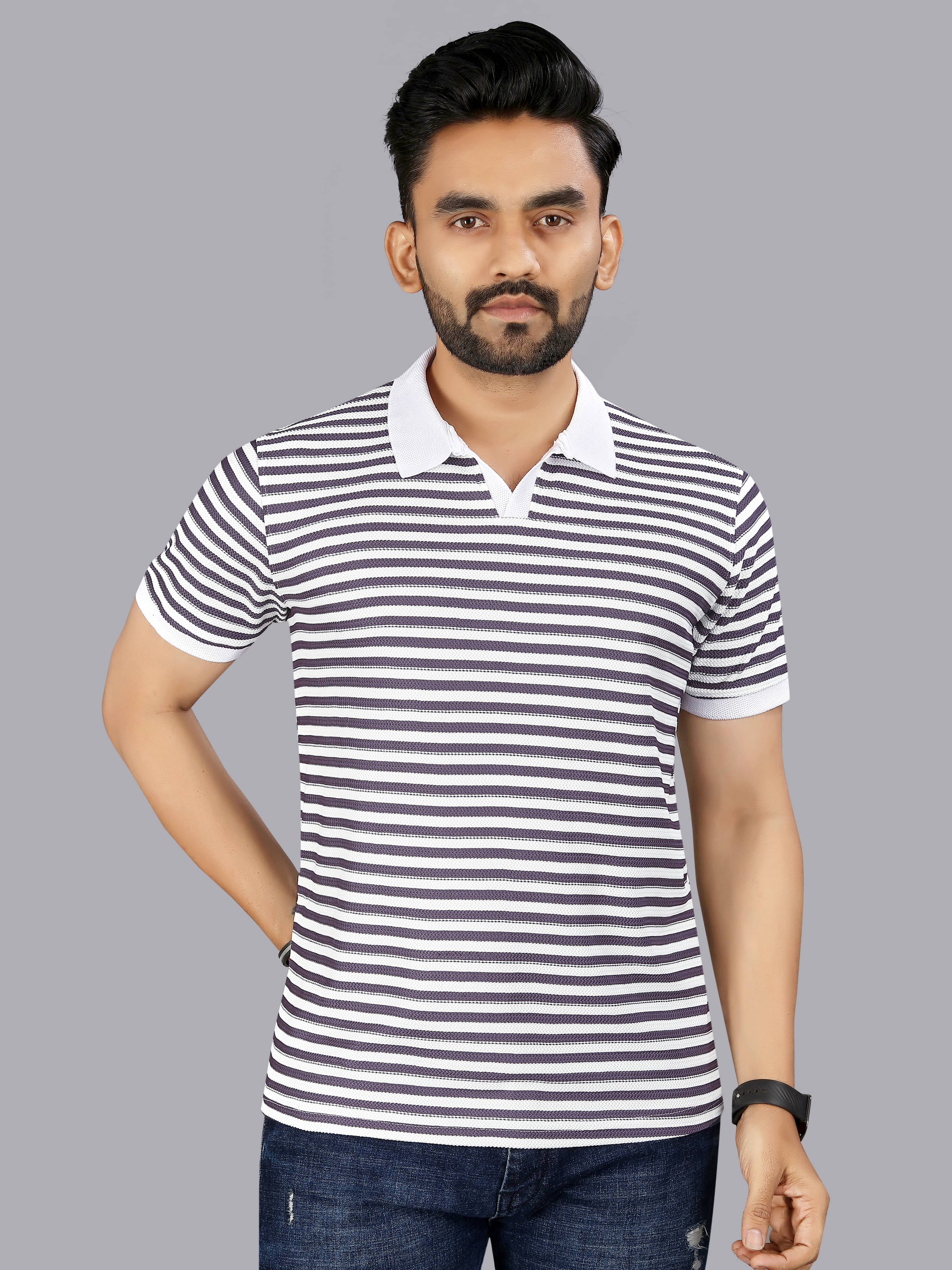 FTX Men Cotton Blend Regular Fit Striped Polo T Shirt ( Purple )     			FTX Men Cotton Blend Regular Fit Striped Polo T Shirt ( Purple )