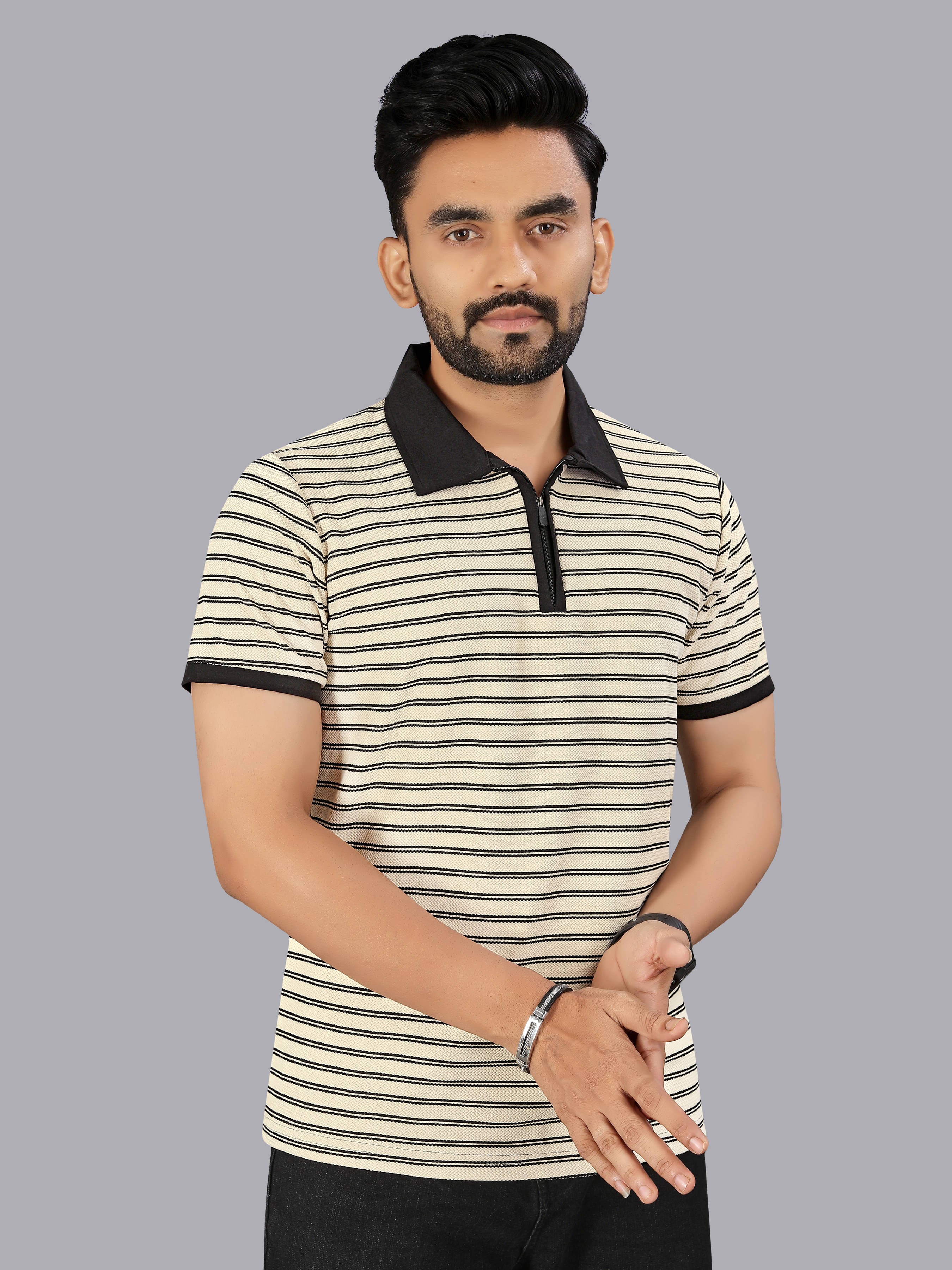 FTX Men Cotton Blend Regular Fit Striped Polo T Shirt ( Beige ) FTX Men Cotton Blend Regular Fit Striped Polo T Shirt ( Beige )