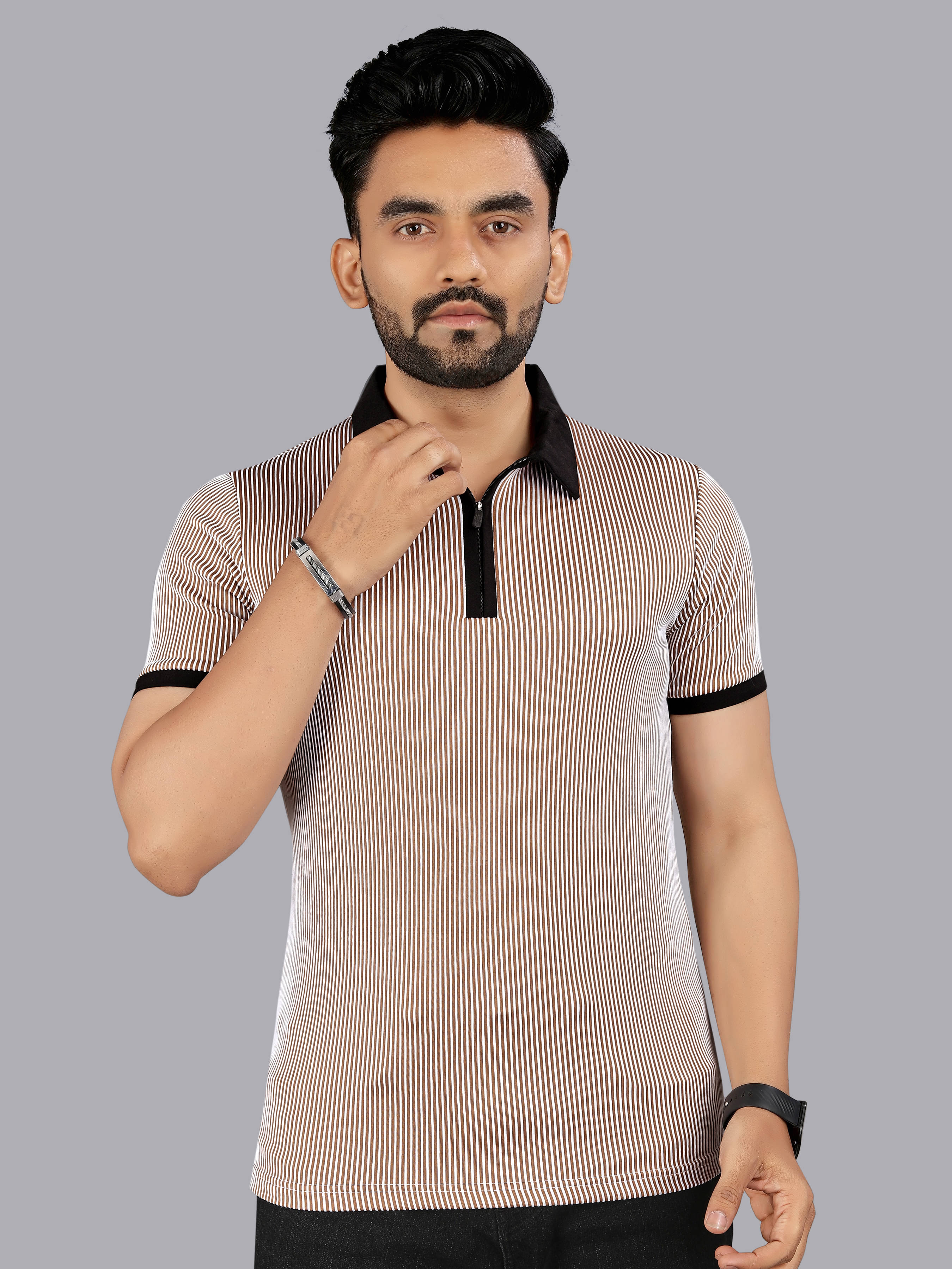     			FTX Men Polyester Regular Fit Striped Polo T Shirt ( Beige )