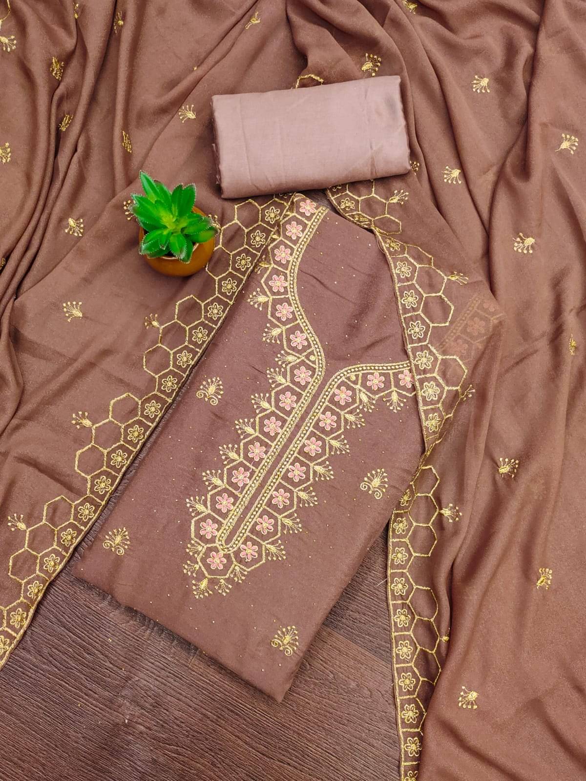 HL SILKMILLS Women Georgette Unstitched Dress Material ( Brown )     			HL SILKMILLS Women Georgette Unstitched Dress Material ( Brown )