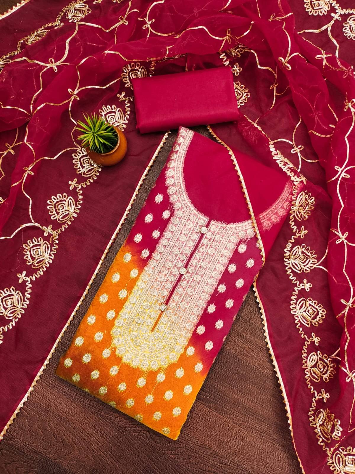     			HL SILKMILLS Women Organza Unstitched Dress Material ( Red )