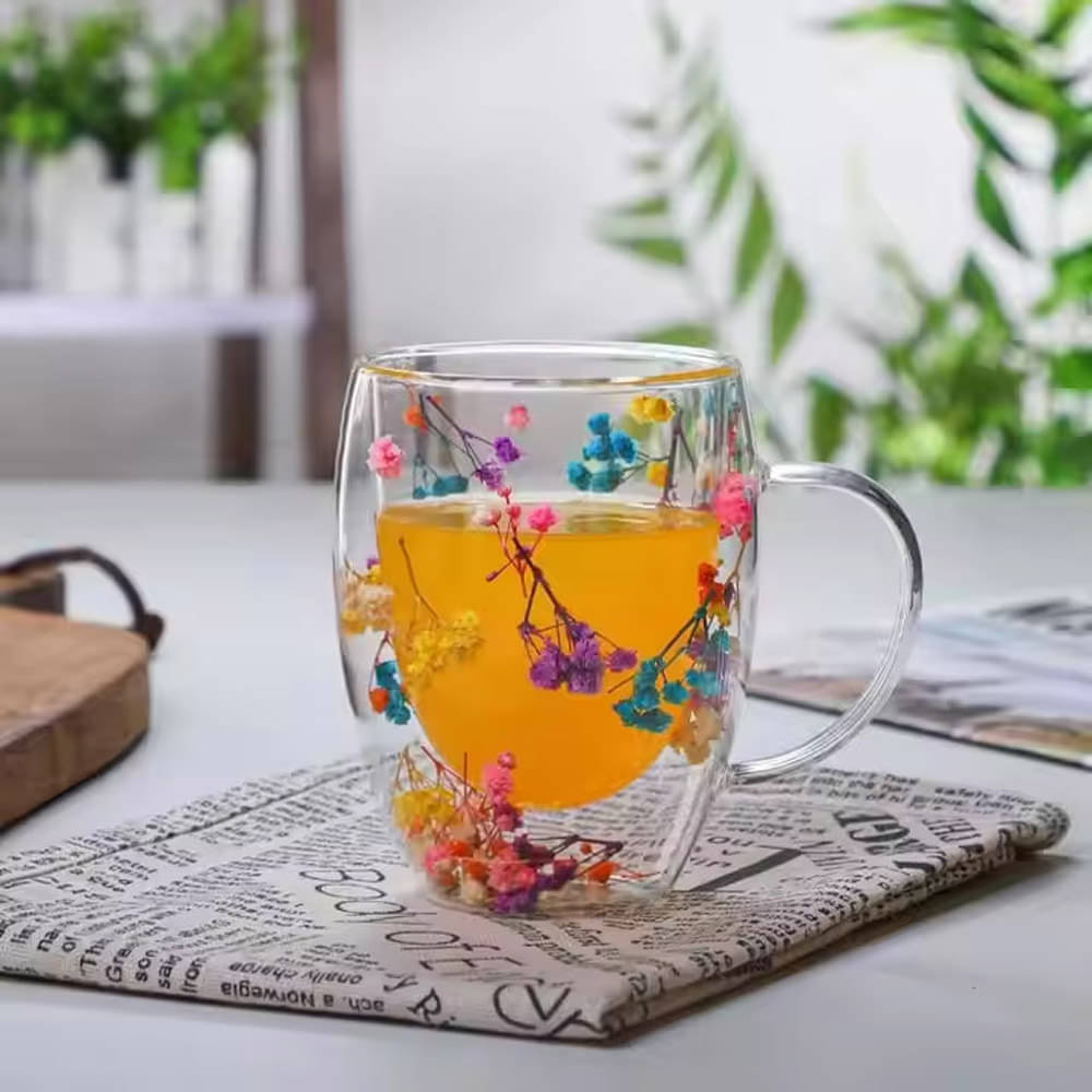     			JOSSYFY Double Wall Glass Cup Floral Glass Coffee Cup 250 ml ( Pack of 1 )