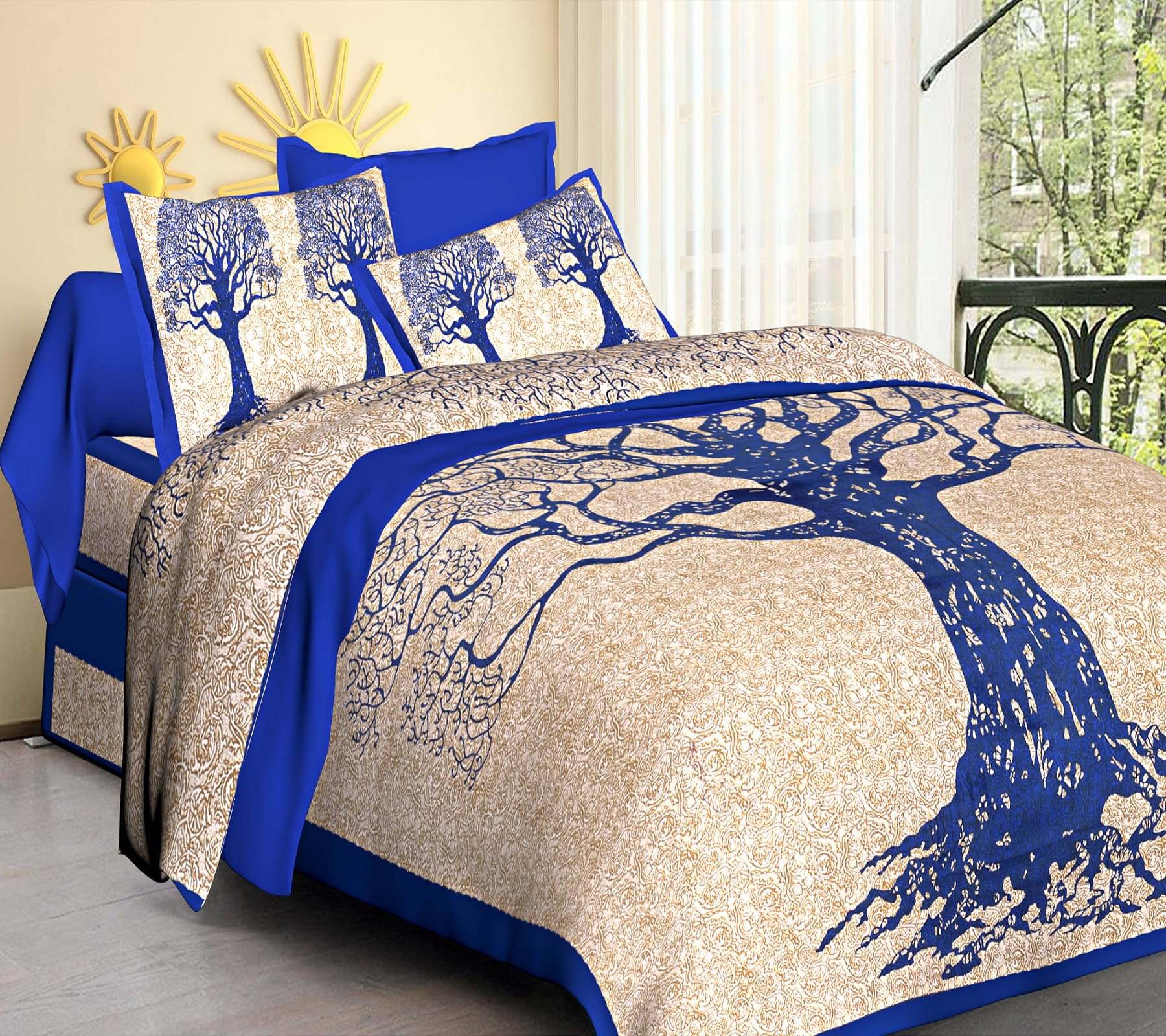     			K.D.PRINTS Cotton 1 Double Queen Bedsheet with 2 Pillow Covers ( Blue )
