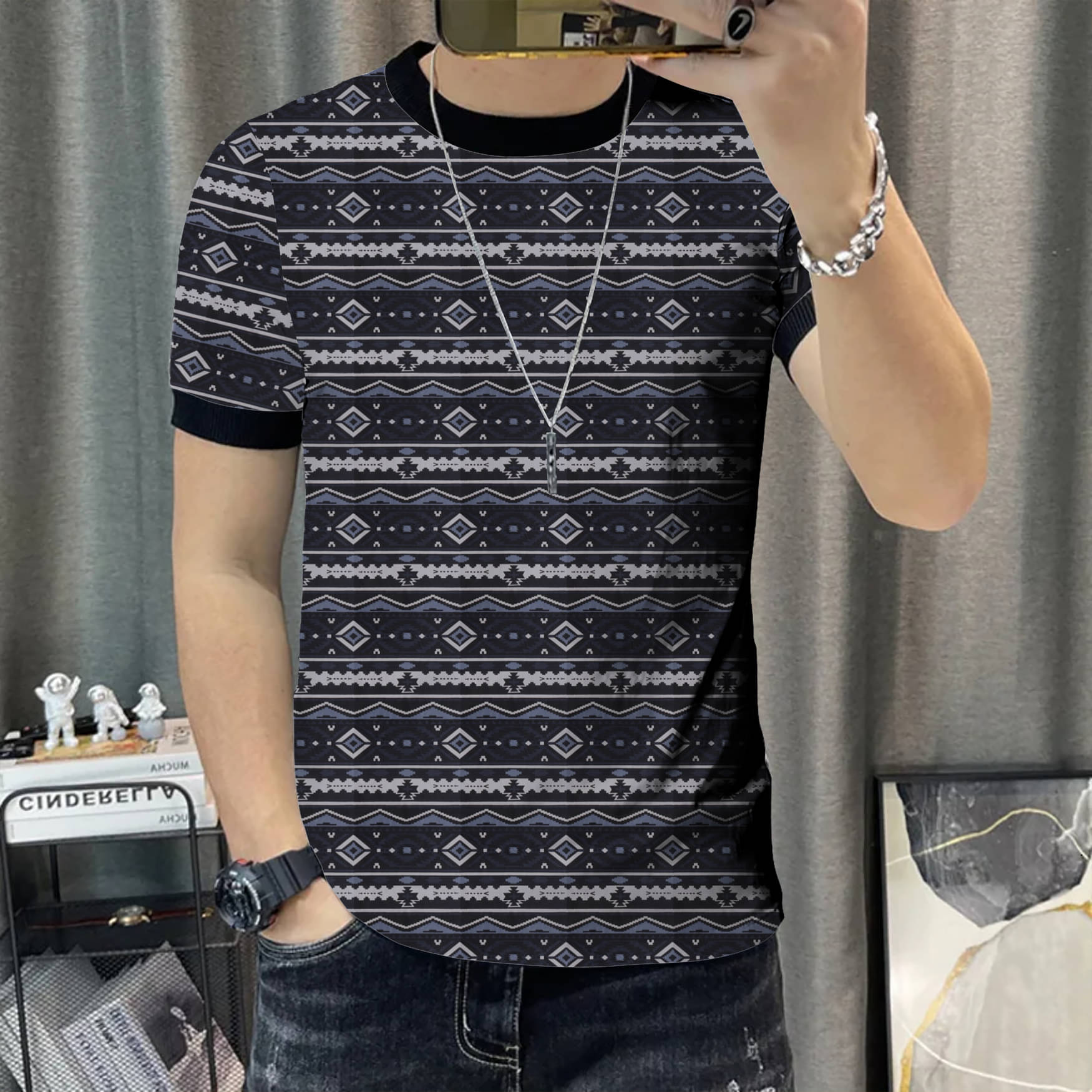     			KAJARU Men Polyester Regular Fit Checks T-Shirt ( Black )