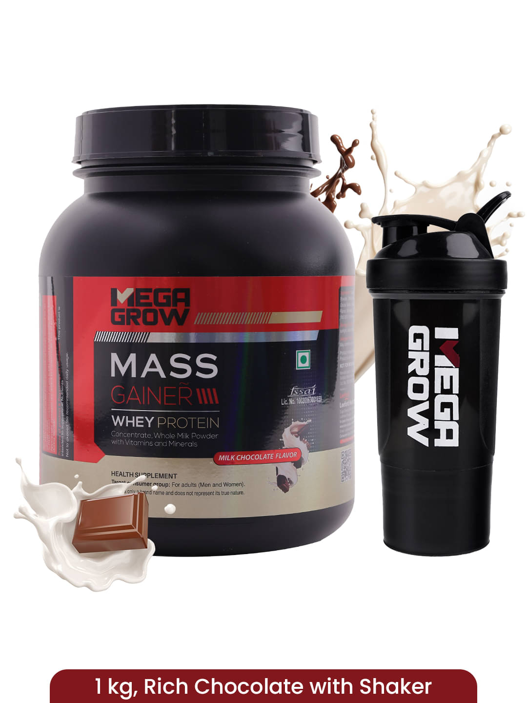     			MEGAGROW Mass Gainer- Milk Chocolate Flavour Whey Protein with Vitamins & Minerals 1 kg with Shaker