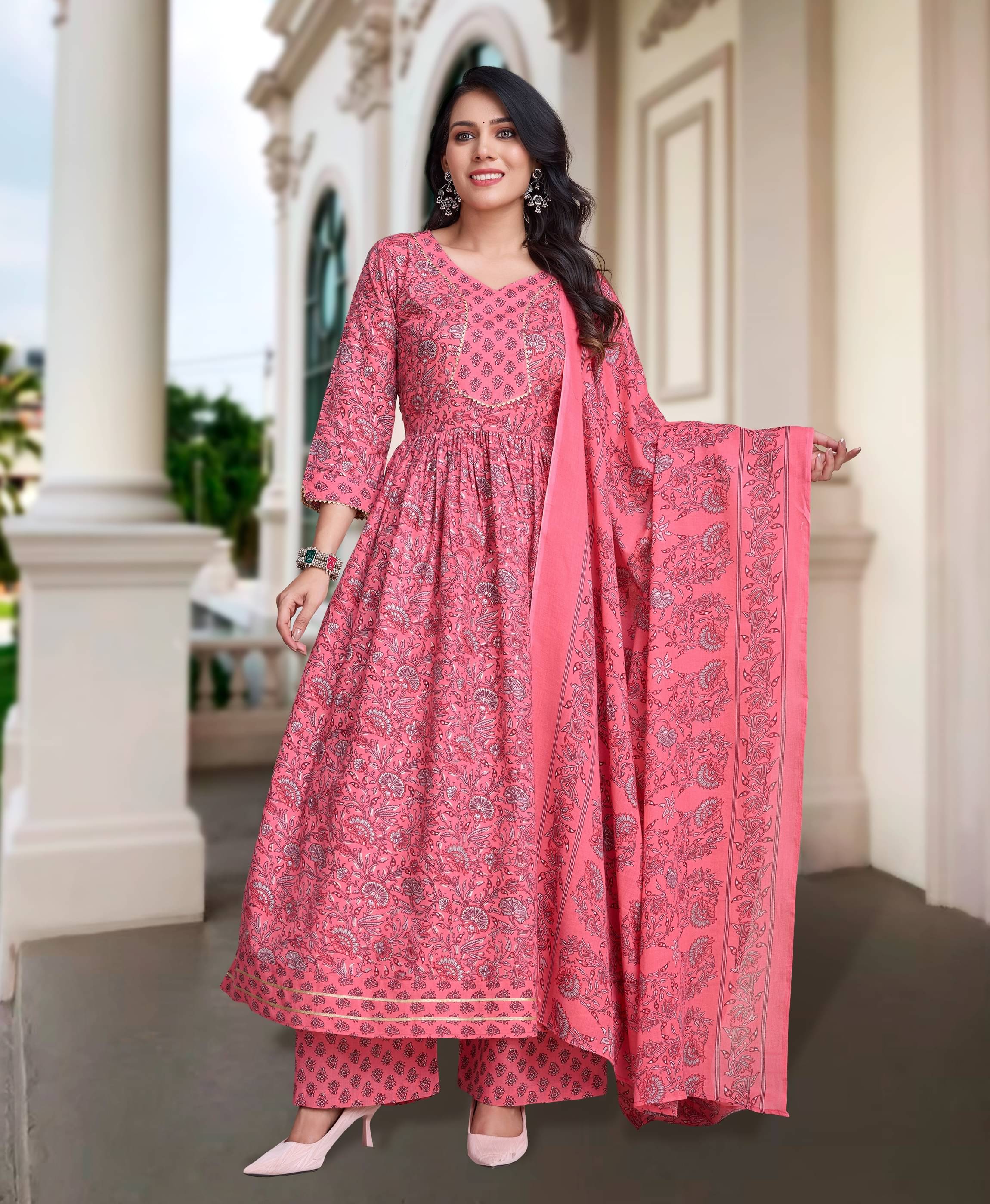 MOJILAA Women Cotton Printed Flared Kurti With Palazzo ( Pink ) MOJILAA Women Cotton Printed Flared Kurti With Palazzo ( Pink )