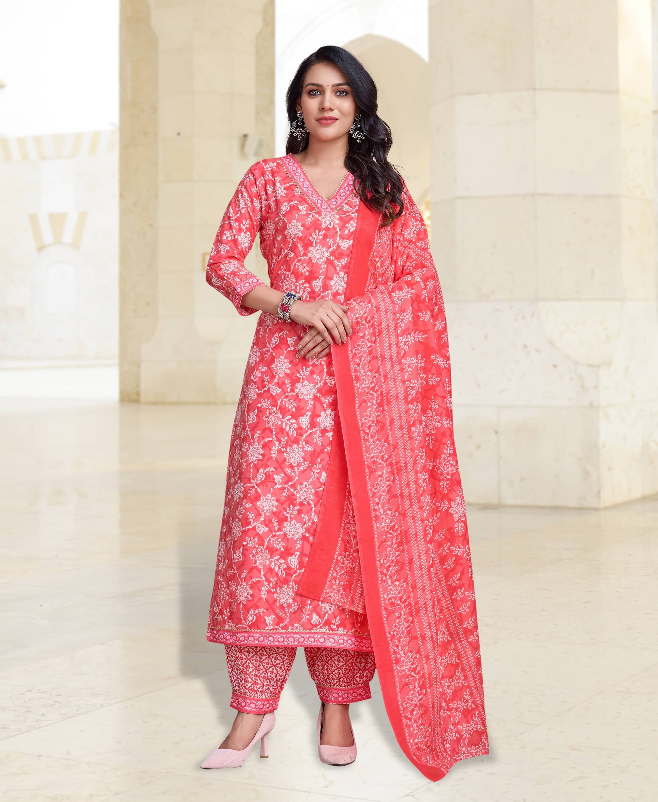     			MOJILAA Women Cotton Printed Straight Kurti With Salwar ( Peach )