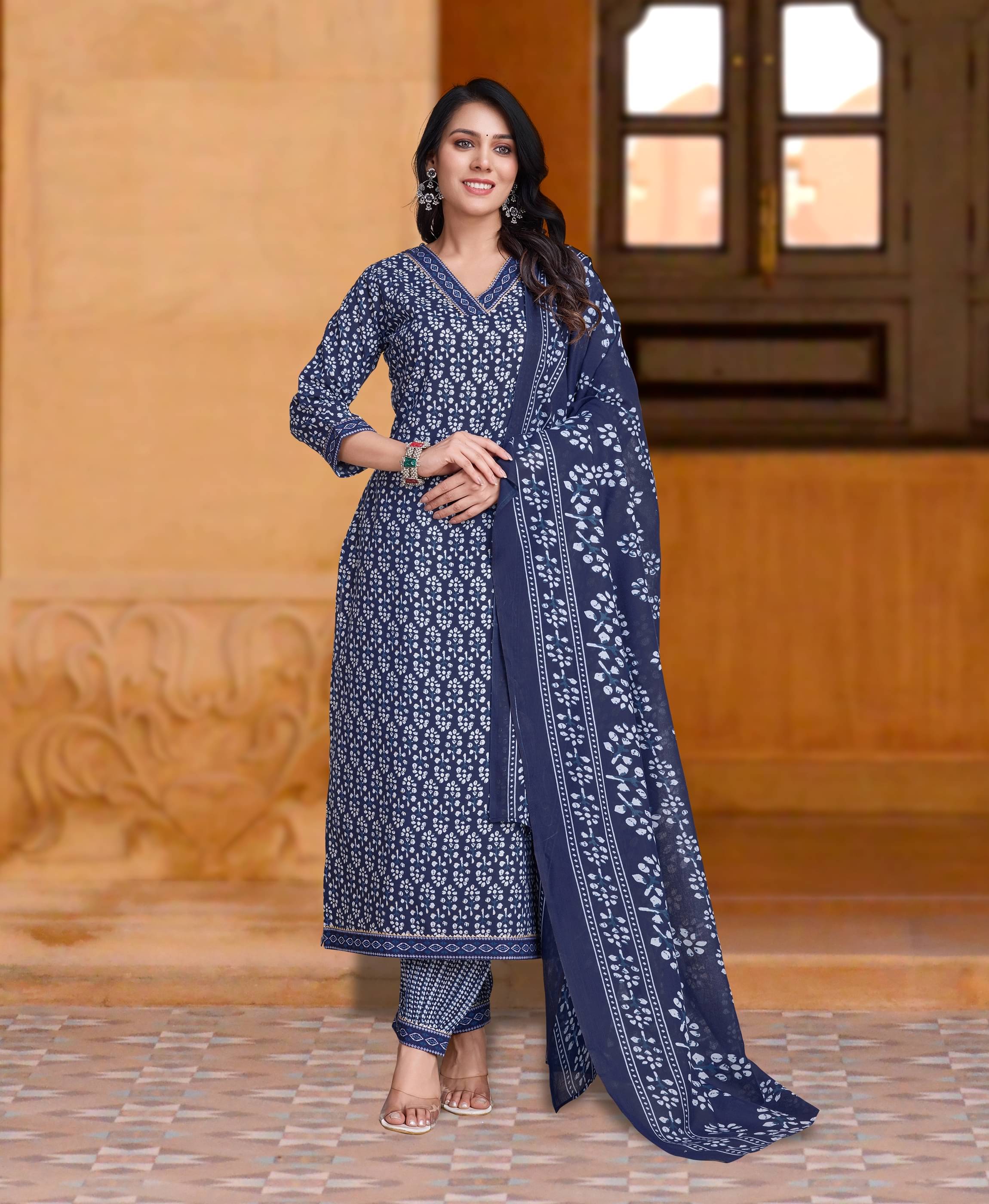 MOJILAA Women Cotton Printed Straight Kurti With Salwar ( Indigo )     			MOJILAA Women Cotton Printed Straight Kurti With Salwar ( Indigo )