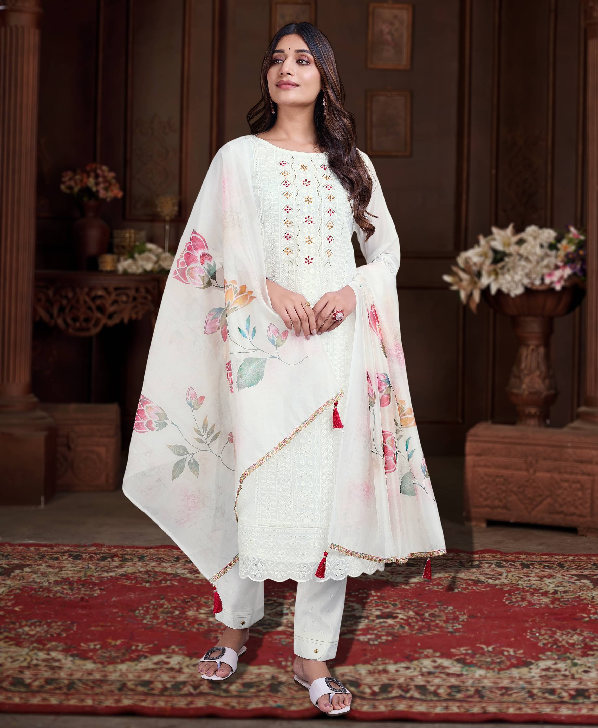    			MOJILAA Women Organza Embroidered Straight Kurti With Pants ( White )