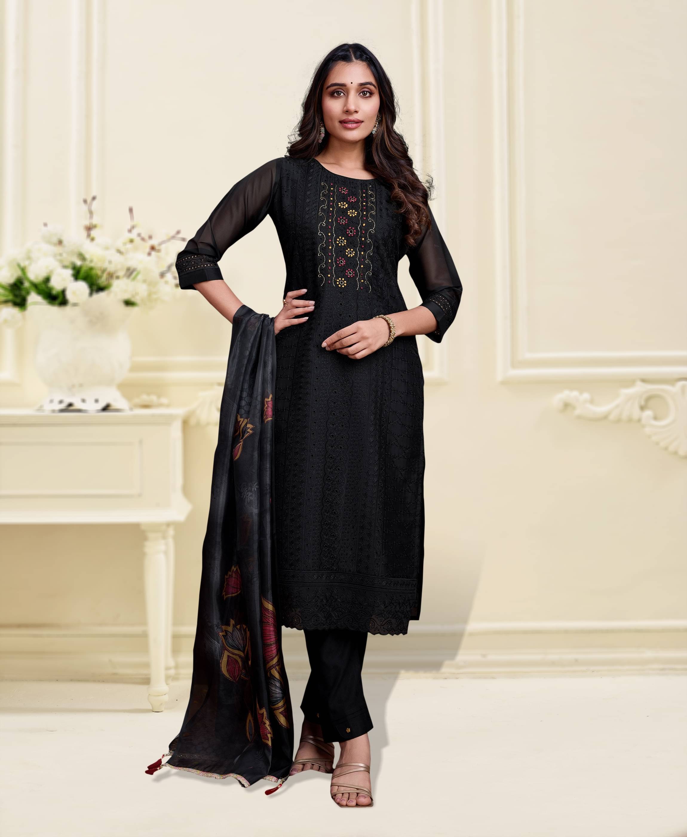     			MOJILAA Women Organza Embroidered Straight Kurti With Pants ( Black )