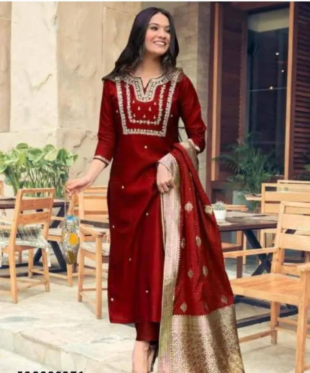 Mahek Fashion Women Chanderi Embroidered A-line Kurti With Pants ( Maroon )