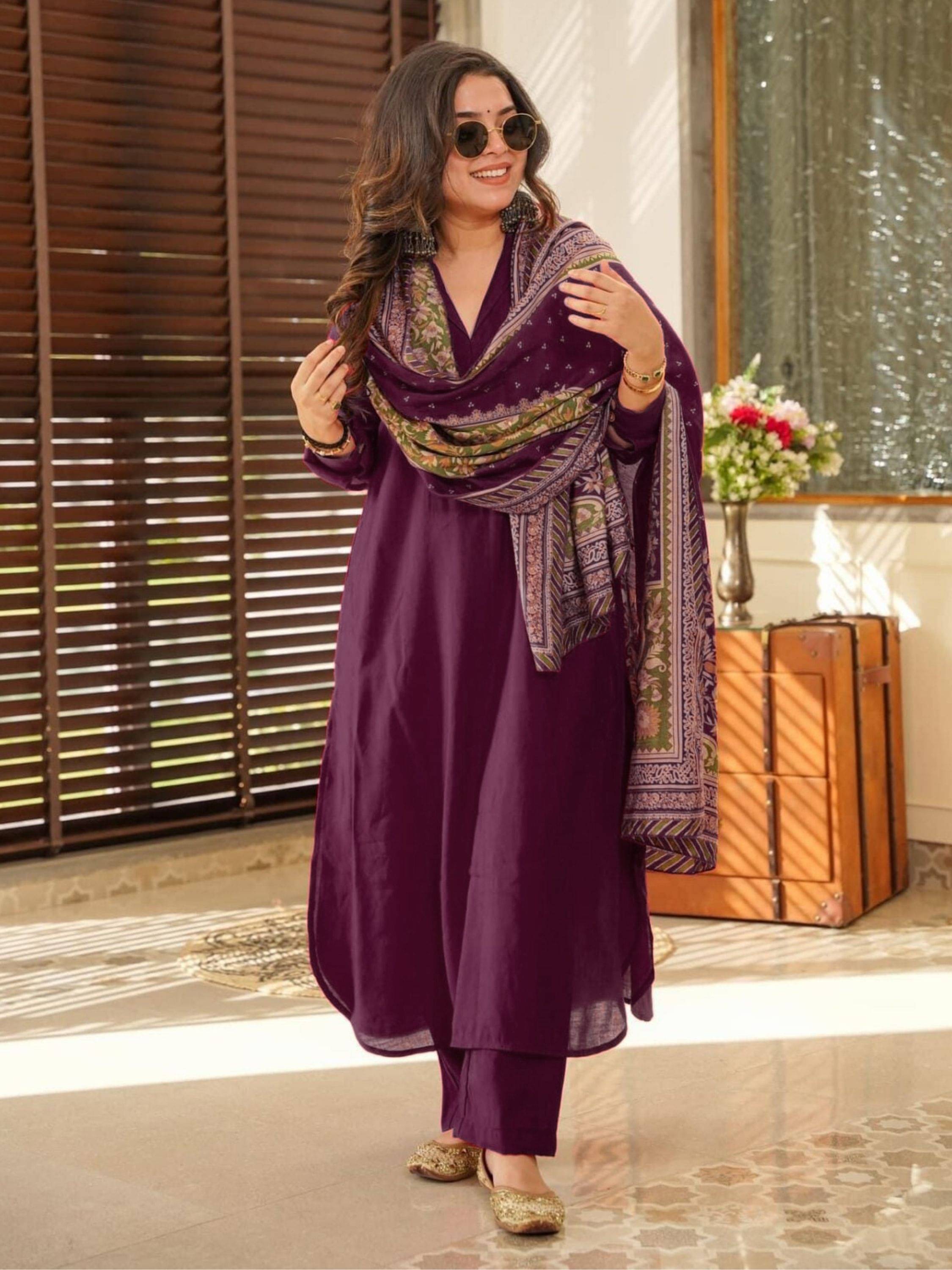     			Niza Fashion Women Cotton Solid Straight Kurti With Pants ( Purple )