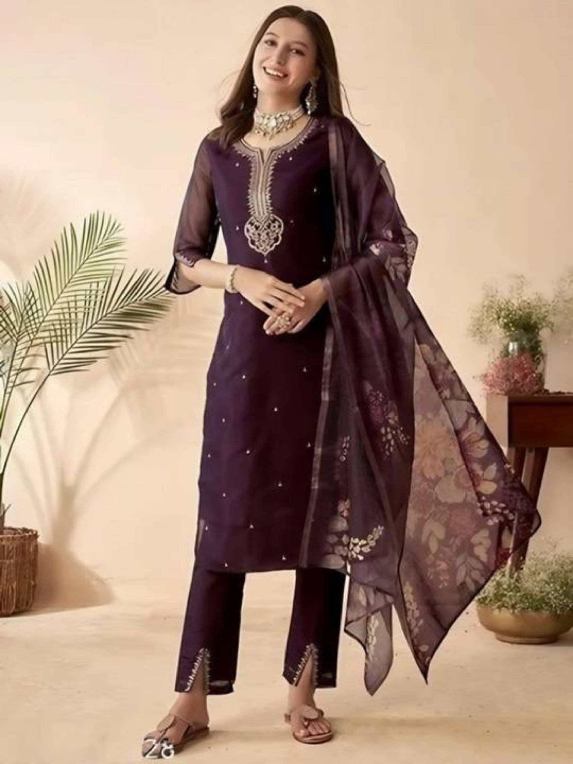 Niza Fashion Women Silk Embellished Straight Kurti With Pants ( Purple ) Niza Fashion Women Silk Embellished Straight Kurti With Pants ( Purple )