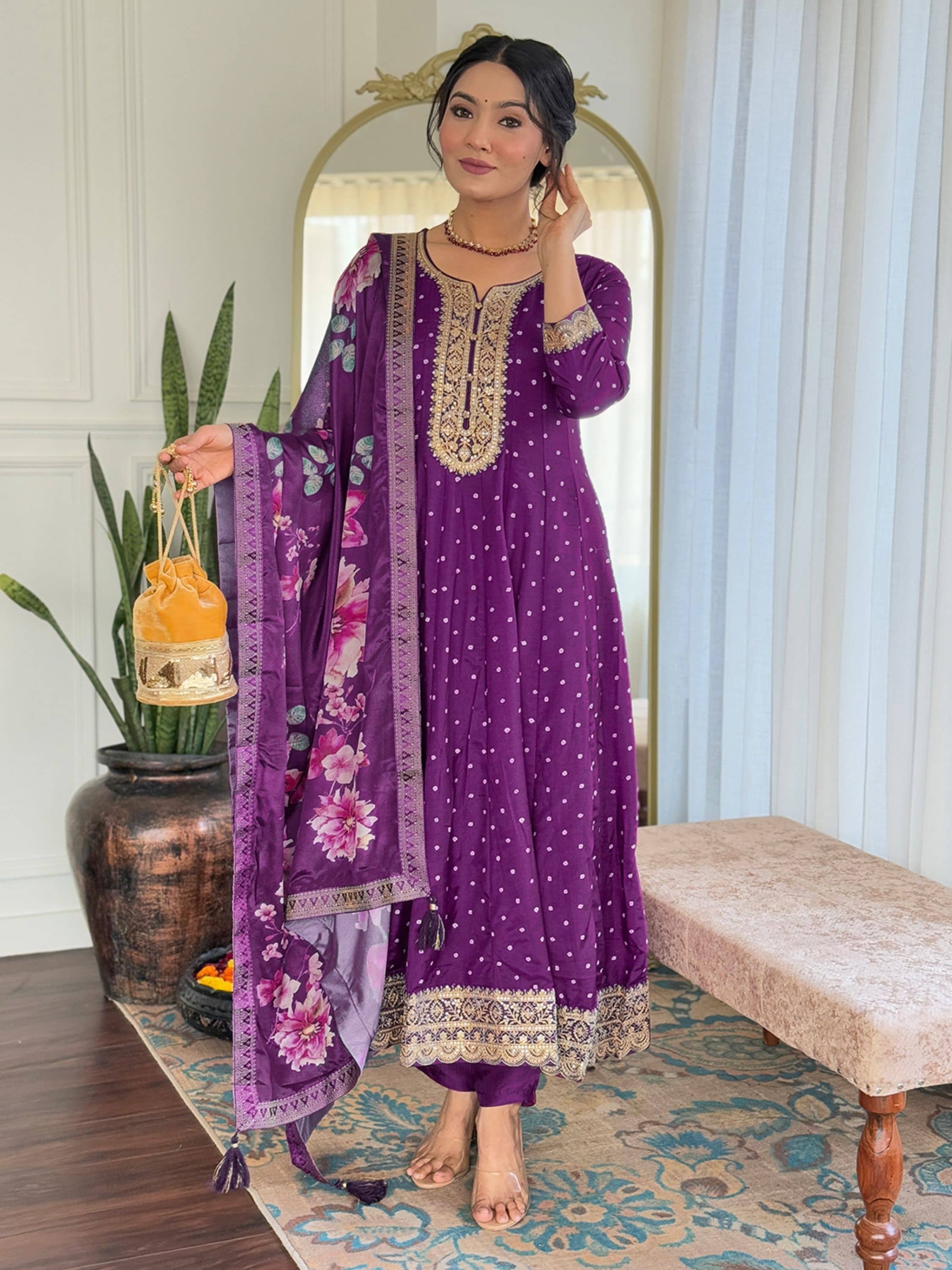 Niza Fashion Women Silk Embellished Flared Kurti With Pants ( Purple )