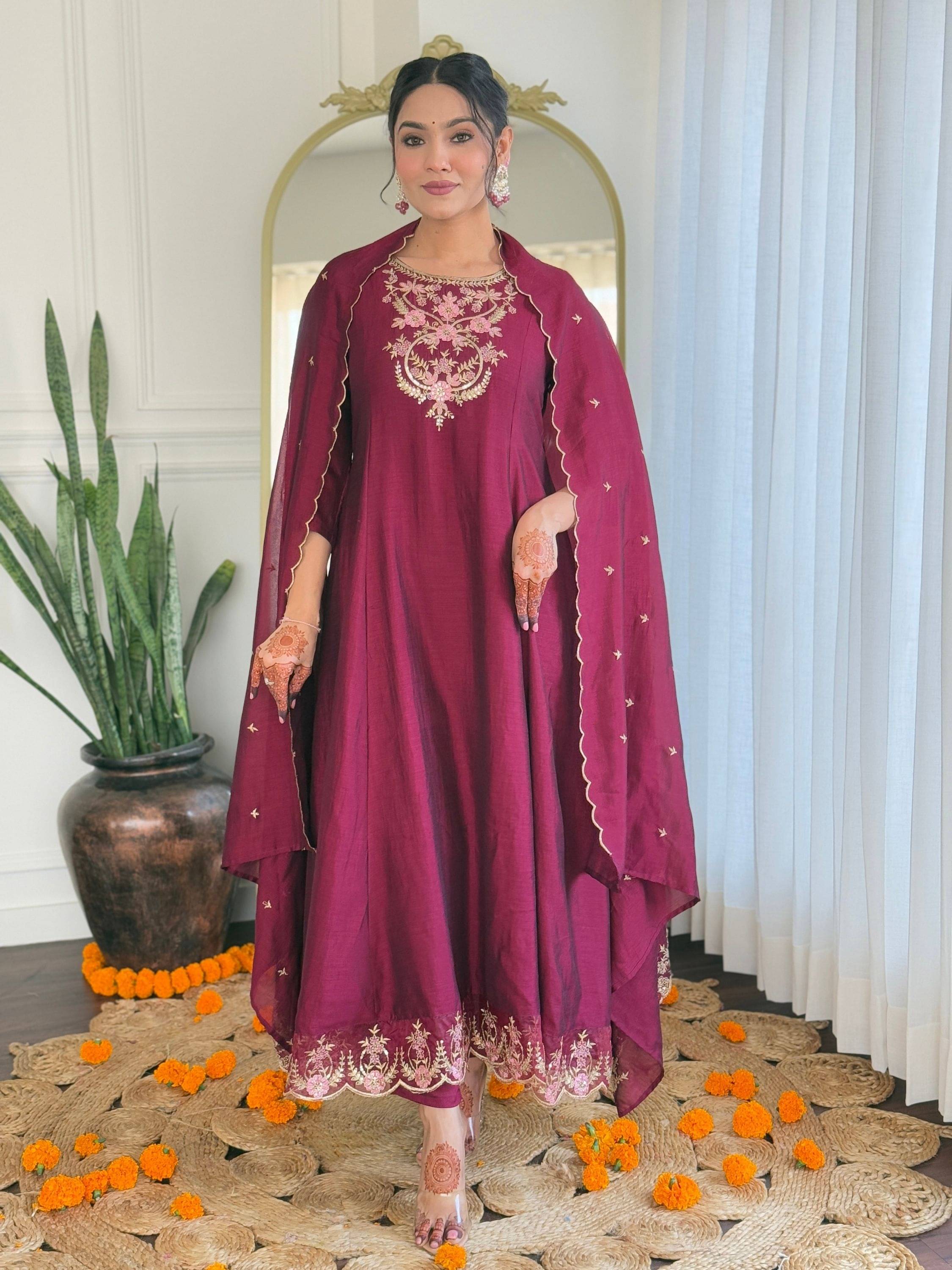     			Niza Fashion Women Silk Embroidered Anarkali Kurti With Pants ( Purple )