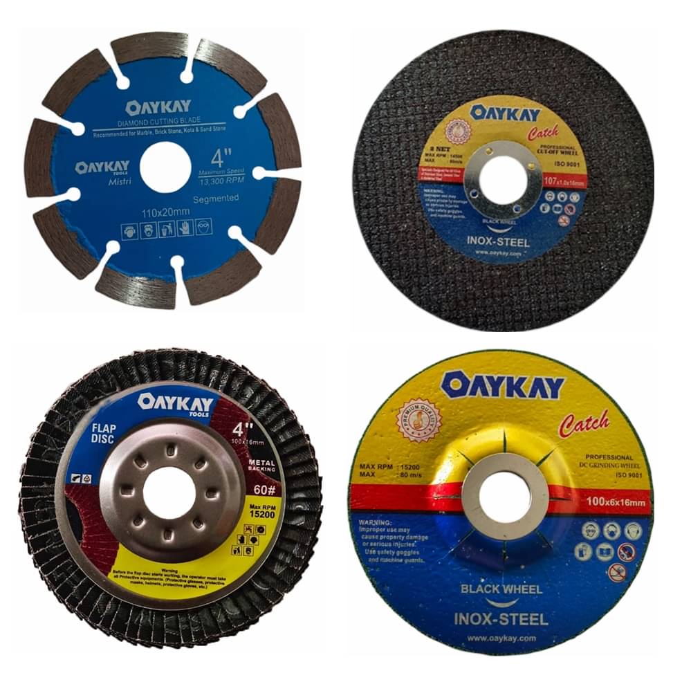     			Oaykay Tools 4 different blade & wheels diamond cutting ,cutt of wheel,flap disc & grinding wheel