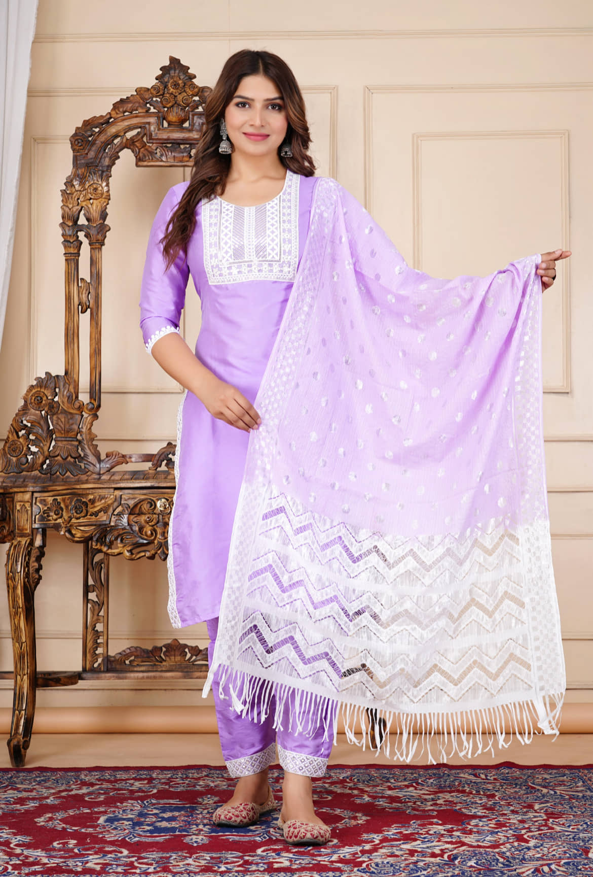 RAMBAAN CREATION Women Silk Blend Embroidered Straight Kurti With Pants ( Lavender )