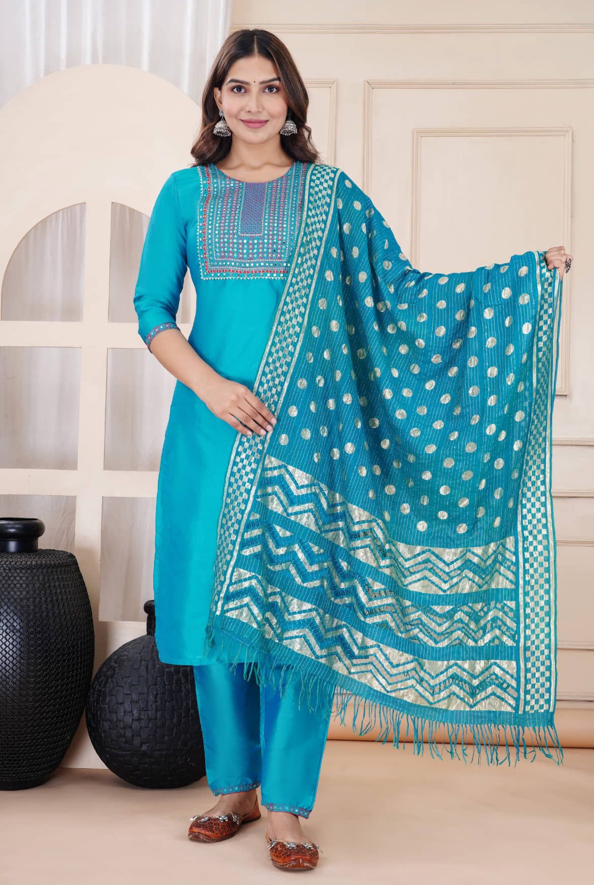 RAMBAAN CREATION Women Silk Blend Embroidered Straight Kurti With Pants ( Turquoise )