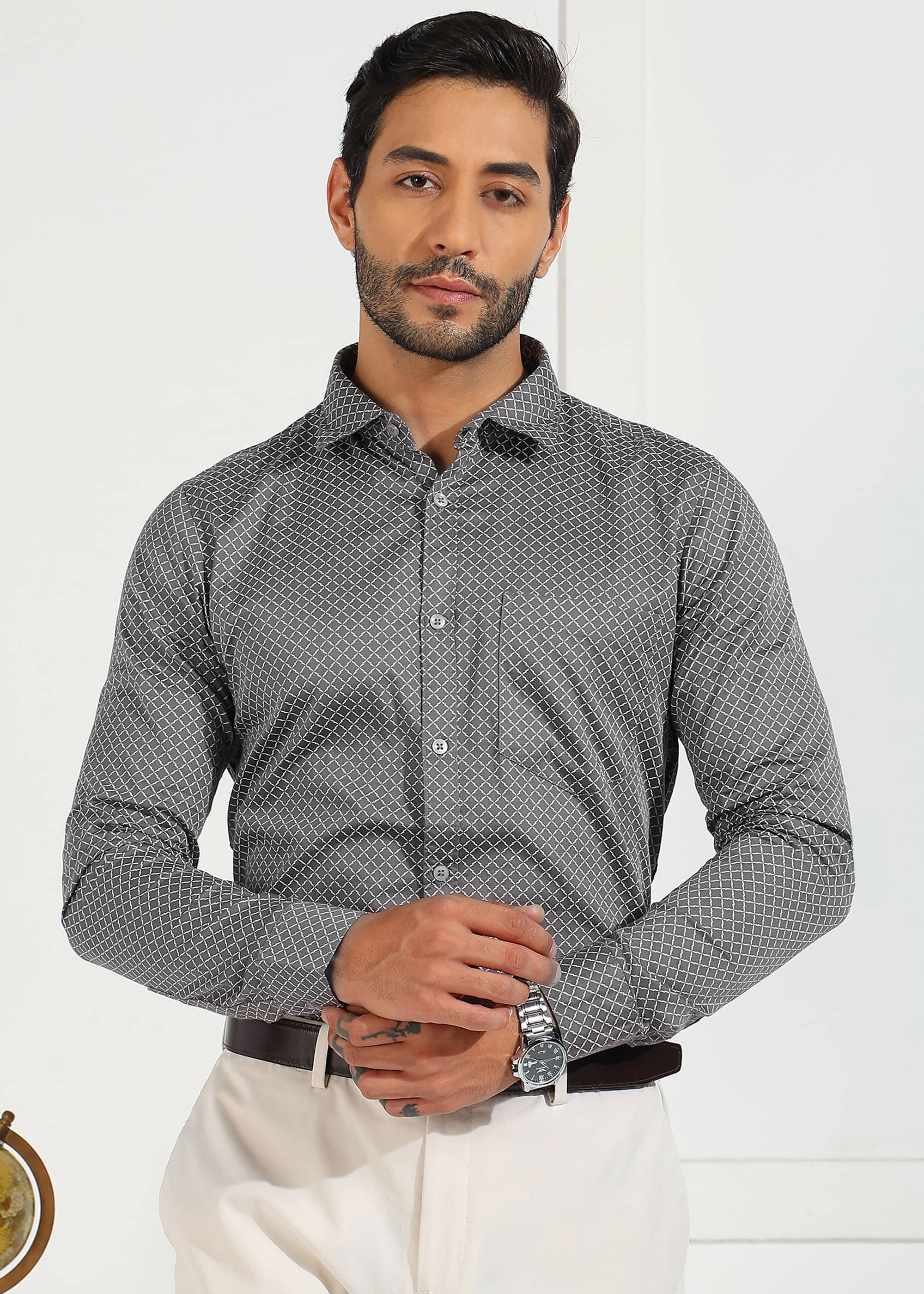     			REEPOLLY 100% Cotton Regular Fit Printed Full Sleeves Men's Casual Shirt - Light Grey ( Pack of 1 )