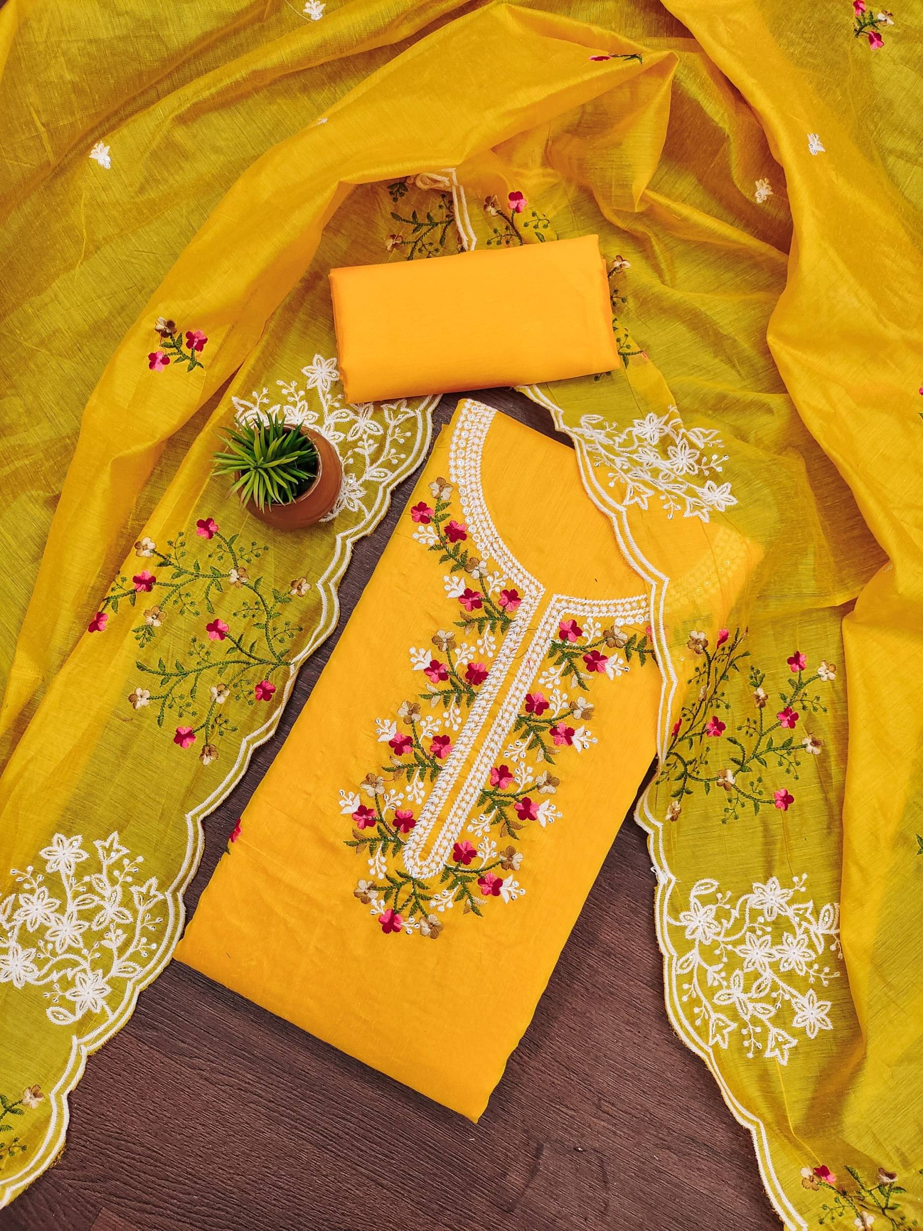     			Rangtulika Ethnics Women Chanderi Unstitched Dress Material ( Yellow )