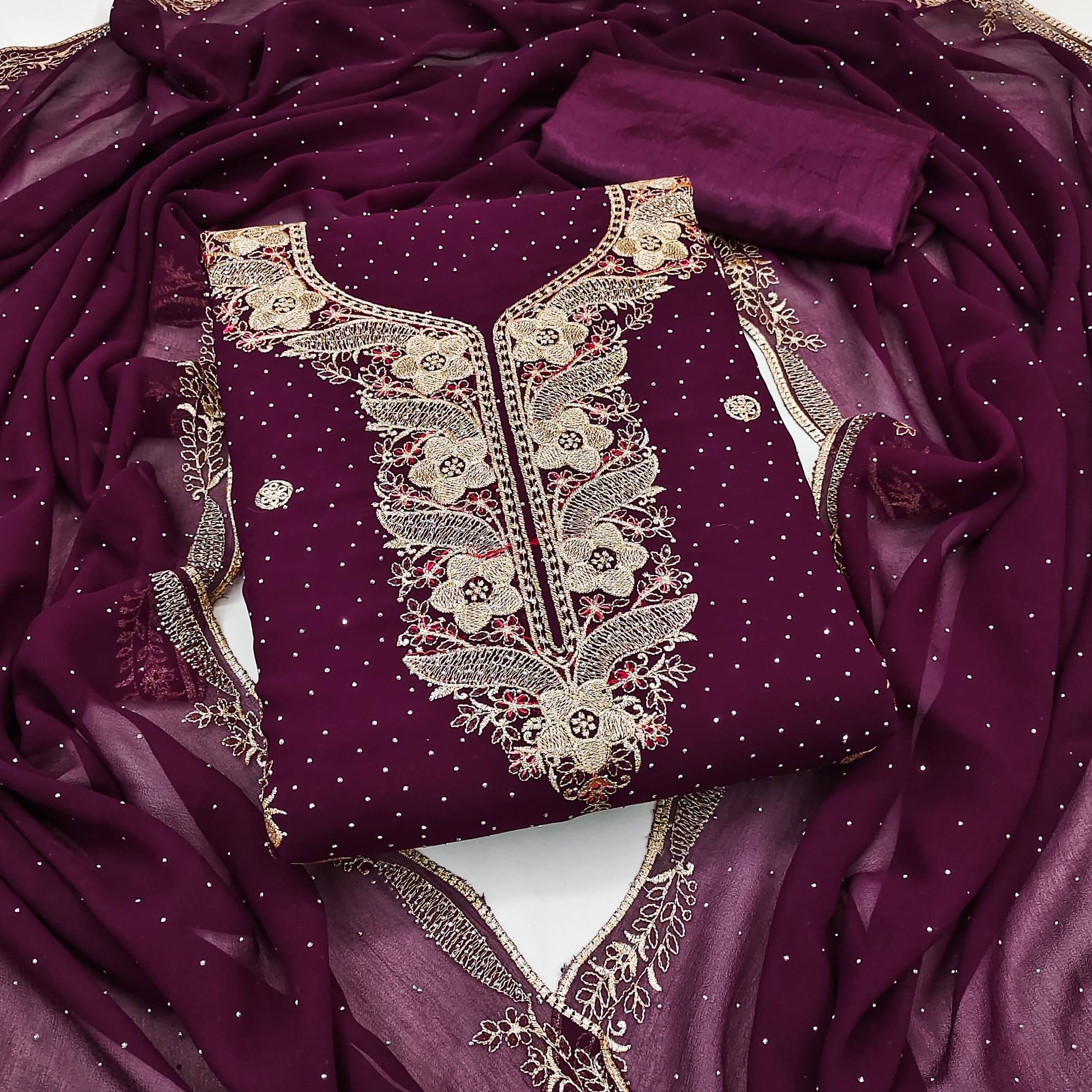 Rangtulika Ethnics Women Georgette Unstitched Dress Material ( Wine )     			Rangtulika Ethnics Women Georgette Unstitched Dress Material ( Wine )