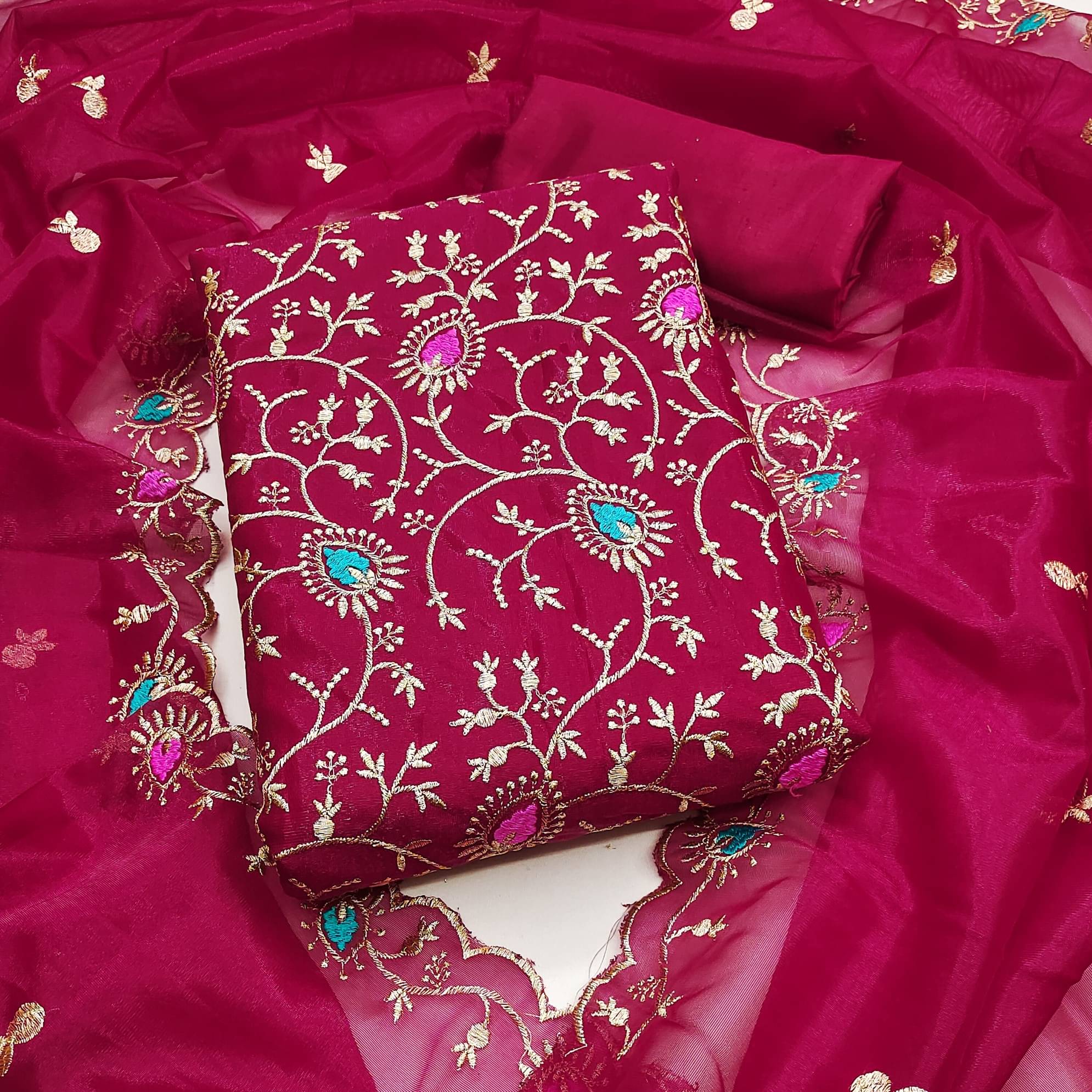     			Rangtulika Ethnics Women Organza Unstitched Dress Material ( Maroon )