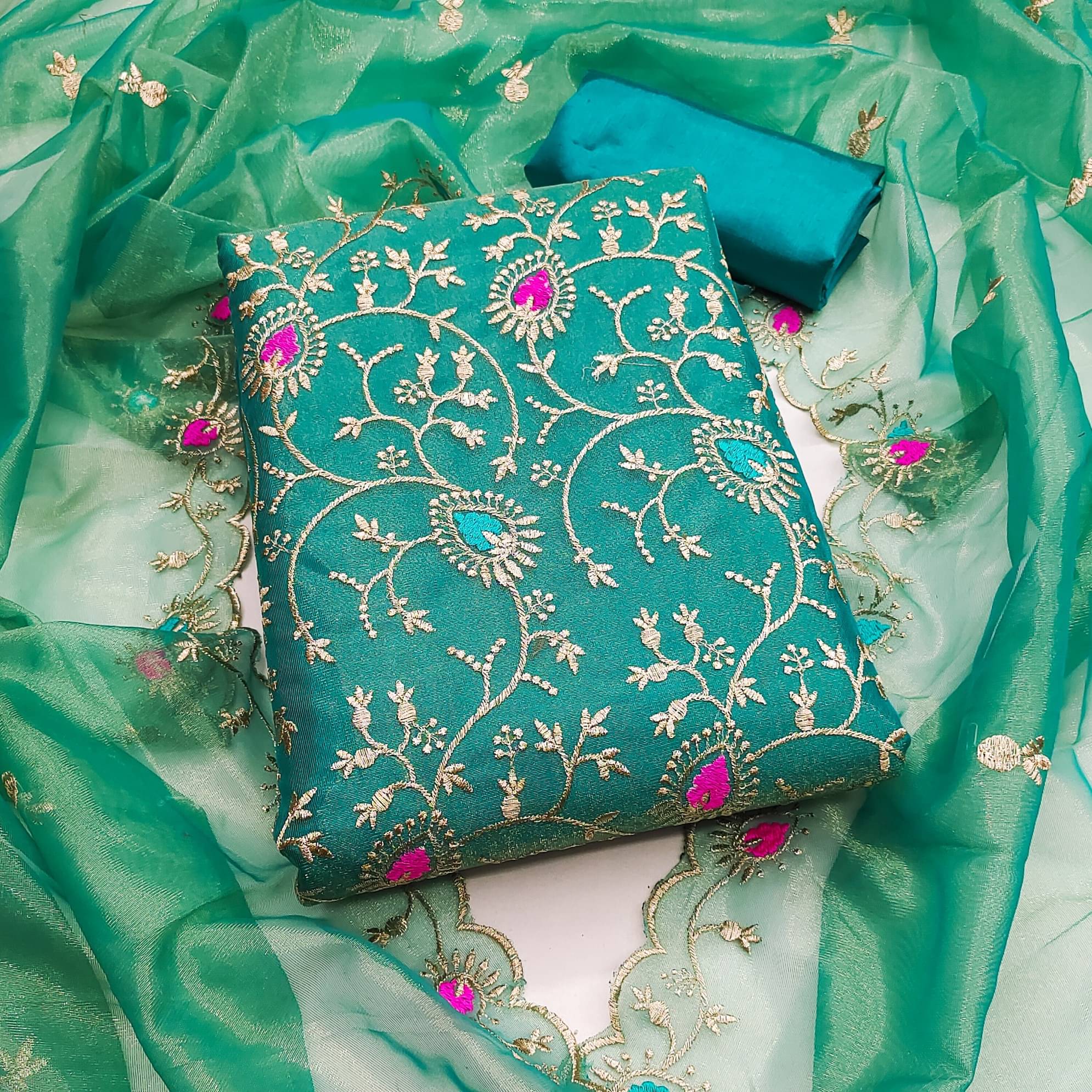    			Rangtulika Ethnics Women Organza Unstitched Dress Material ( Sea Green )