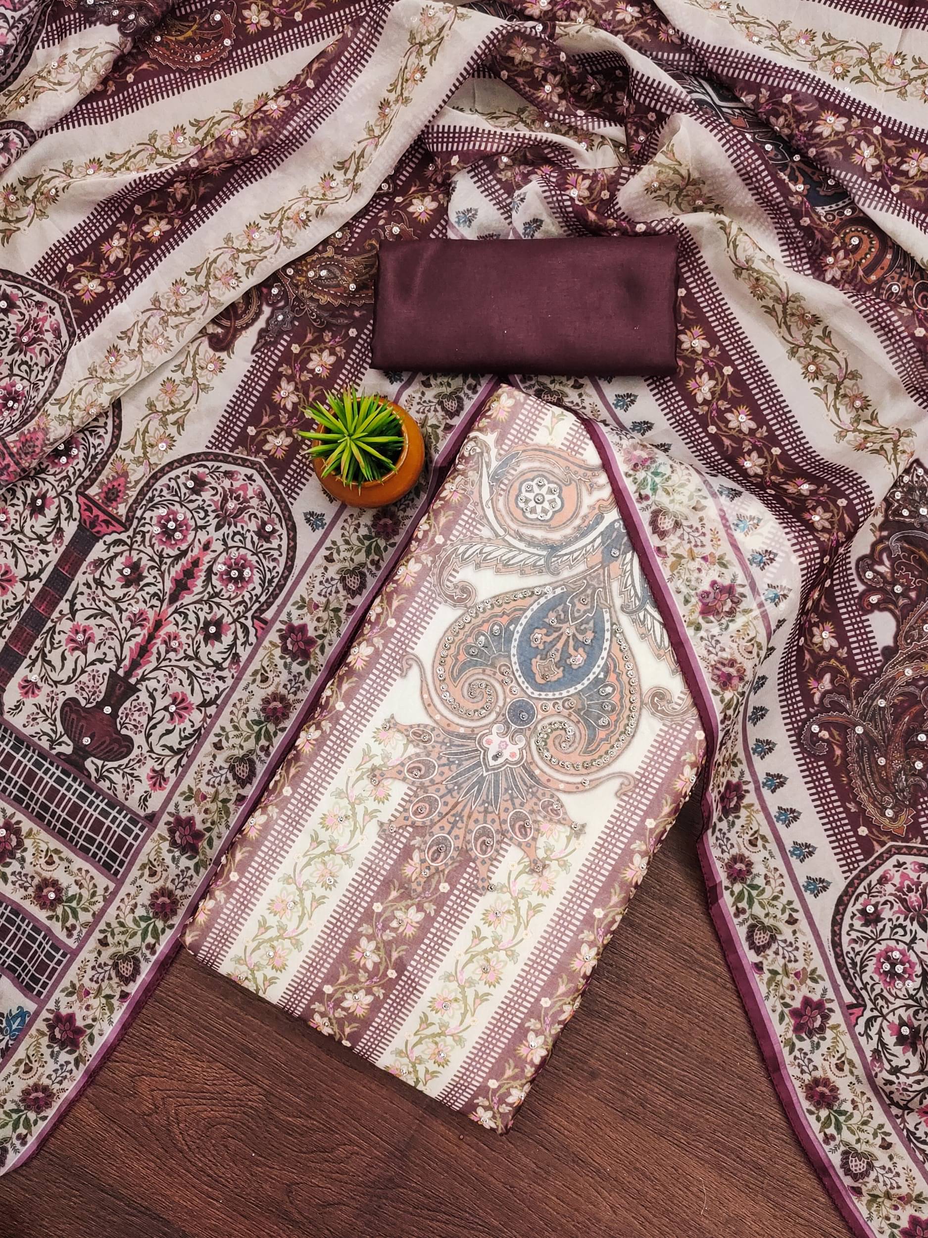 Rangtulika Ethnics Women Organza Unstitched Dress Material ( Maroon )     			Rangtulika Ethnics Women Organza Unstitched Dress Material ( Maroon )