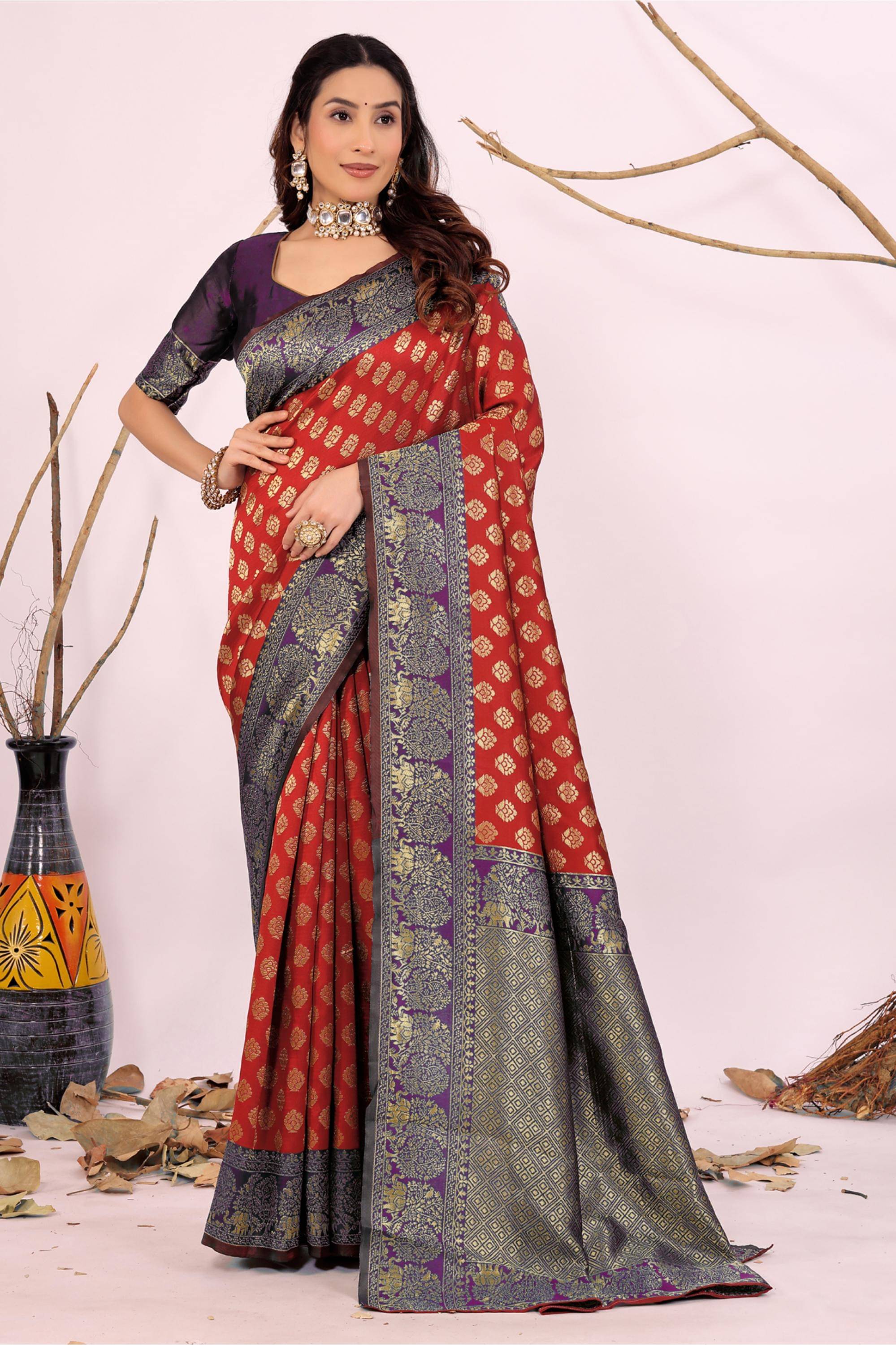 Saadhvi Silk Embellished Kanjeevaram Sarees With Unstitched Blouse Piece ( Rani ) Saadhvi Silk Embellished Kanjeevaram Sarees With Unstitched Blouse Piece ( Rani )