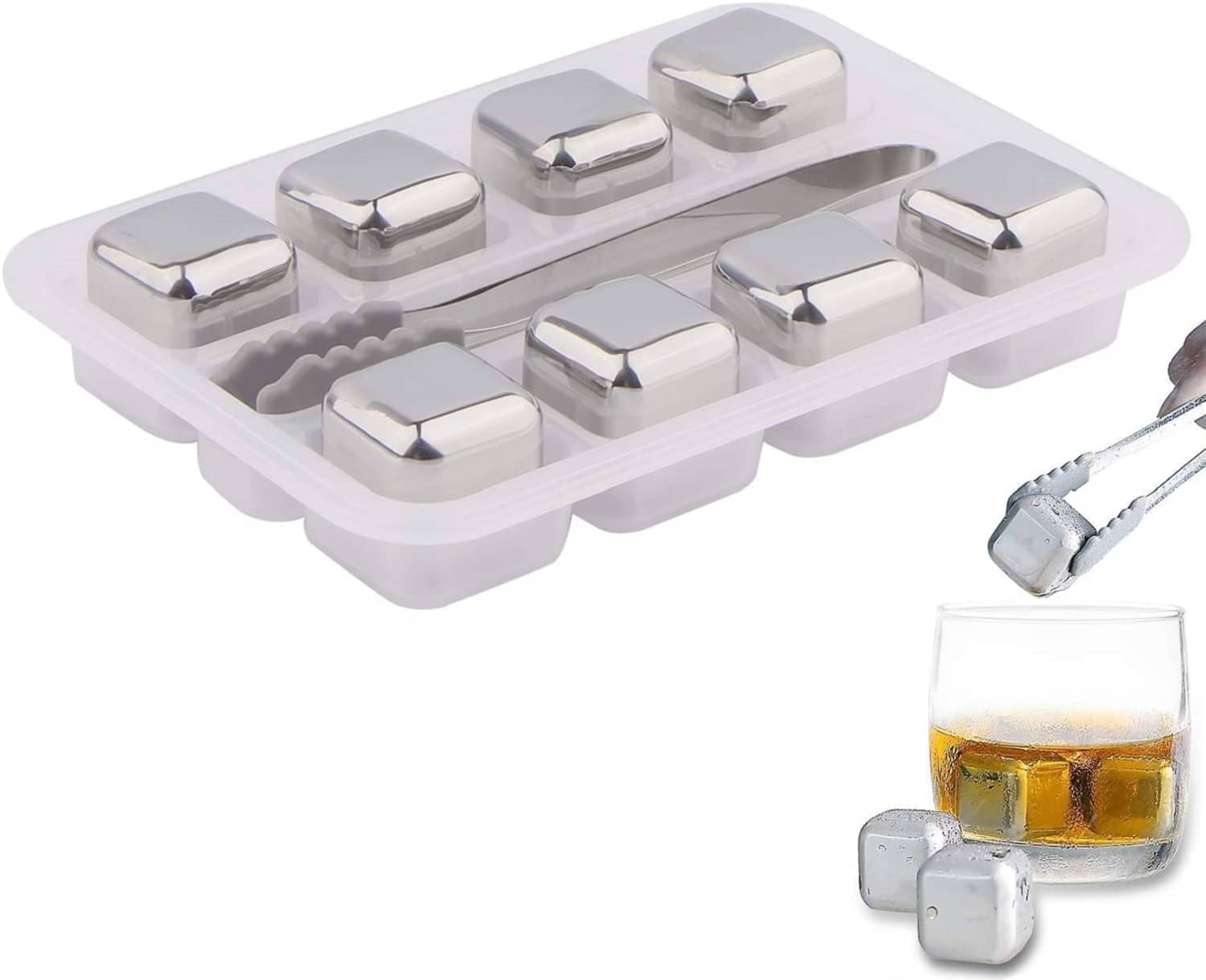     			Skindora Stainless Steel Ice Cube Whiskey Stones with Tongs & Container Chilling Stone for Red Wine, 8 Pcs