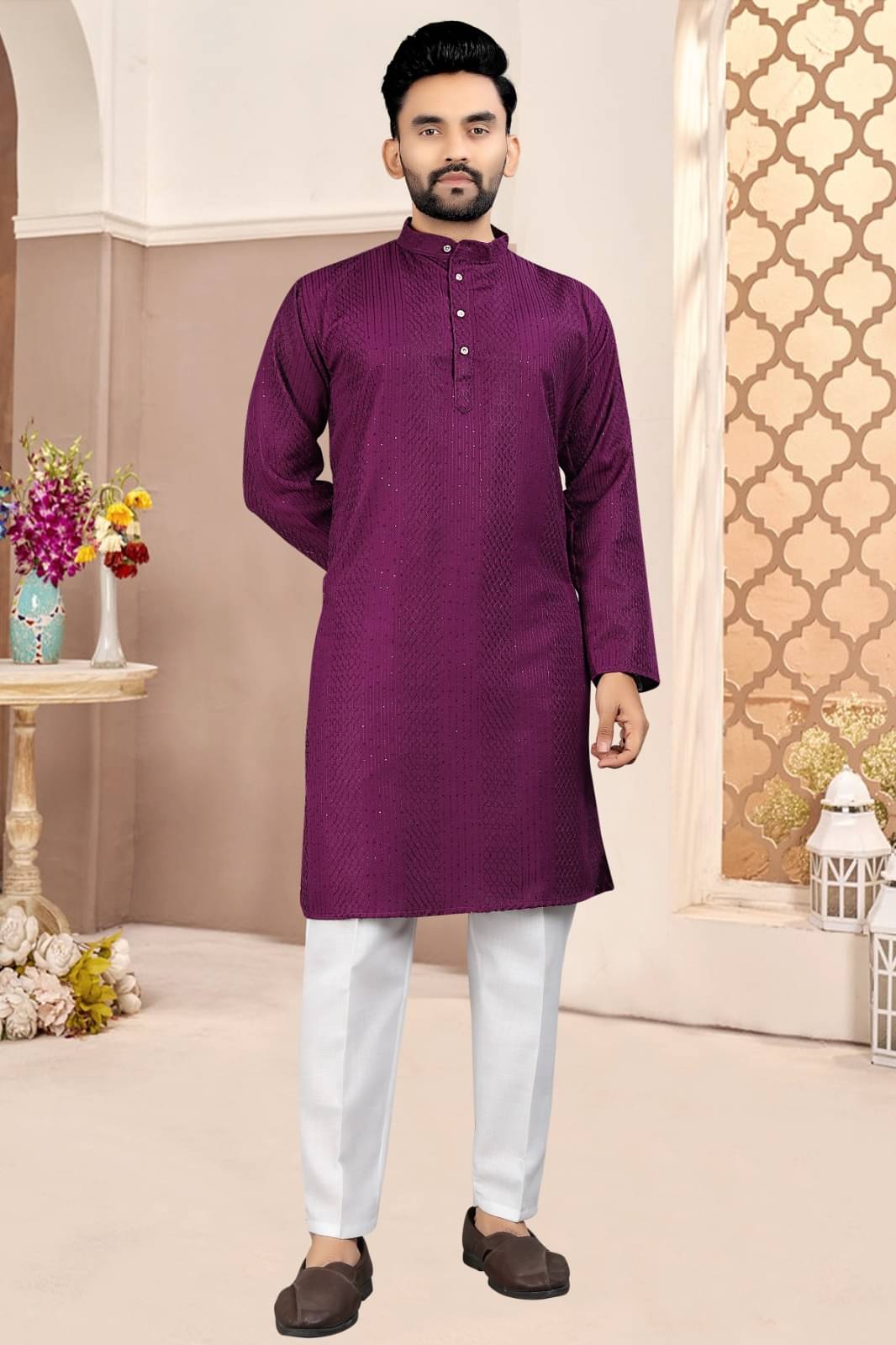 Vasu Creation Purple Cotton Regular Fit Men's Kurta Pyjama Set ( Pack of 1 ) Vasu Creation Purple Cotton Regular Fit Men's Kurta Pyjama Set ( Pack of 1 )