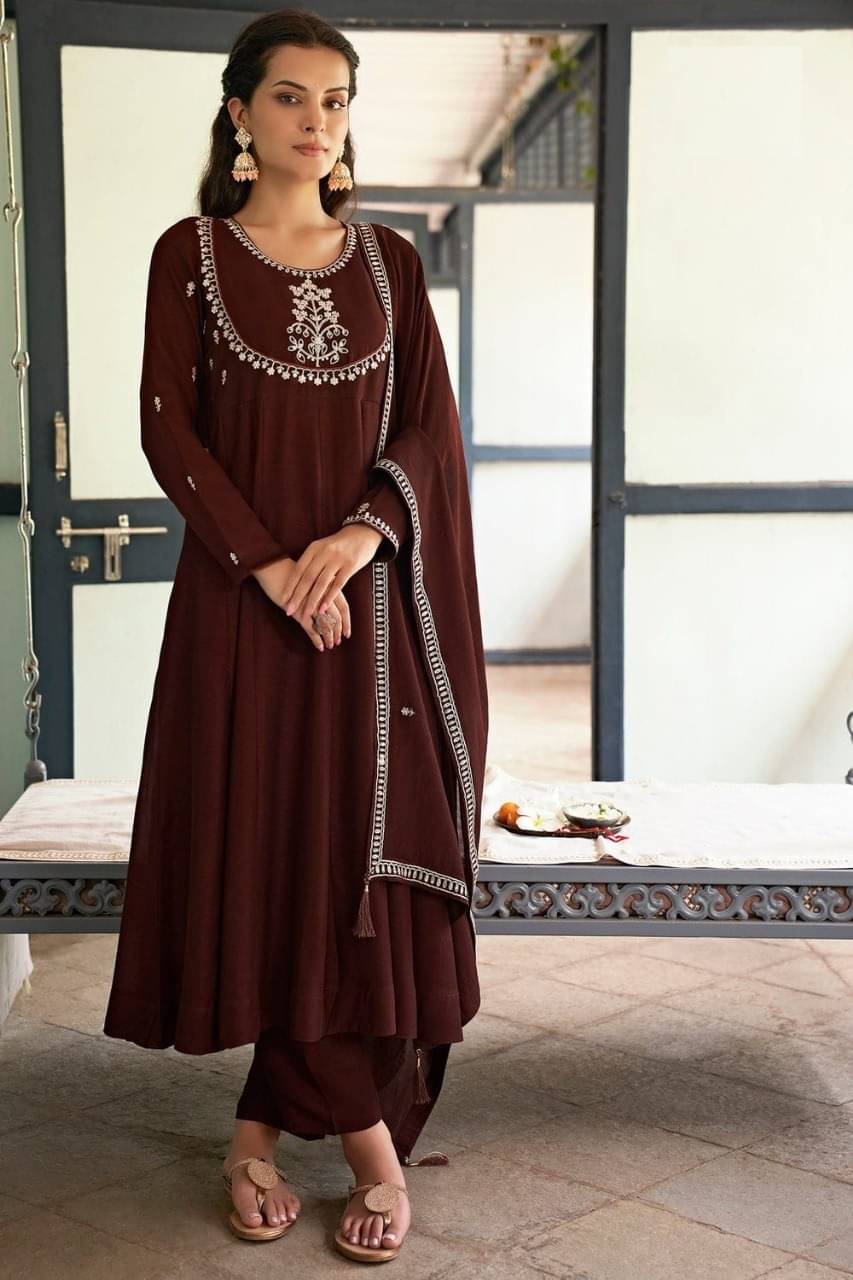 Vasu Creation Women Silk Embroidered A-line Kurti With Pants ( Maroon ) Vasu Creation Women Silk Embroidered A-line Kurti With Pants ( Maroon )