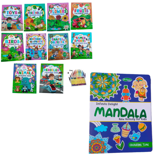     			11-in-1 Big Colouring Book Set for Kids | Includes 10 Theme-Based Books + 1 Mandala Activity Book with Free Crayons