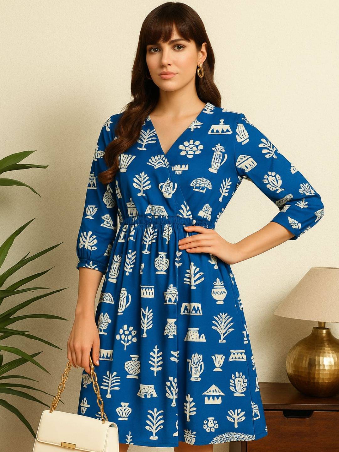     			Addyvero Women Cotton Blend Printed Fit & Flare Dress ( Blue )