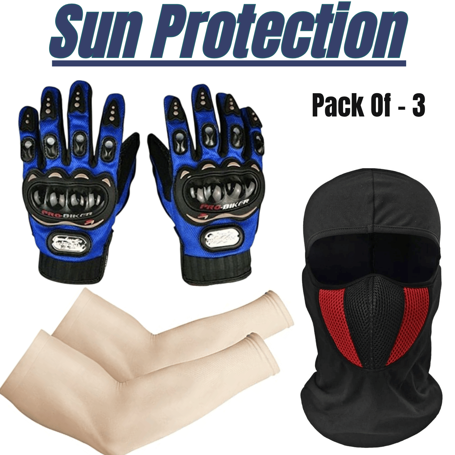     			Aksmit ( Pack Of - 3 ) Bike Riding Washable Dust Protection Sun Protection UV Men & Women Cycling Cricket & Running  Full Cover Face Mask , Arm Sleeve Unisex Sports , Full Finger Bike Riding Gloves with Touch Screen