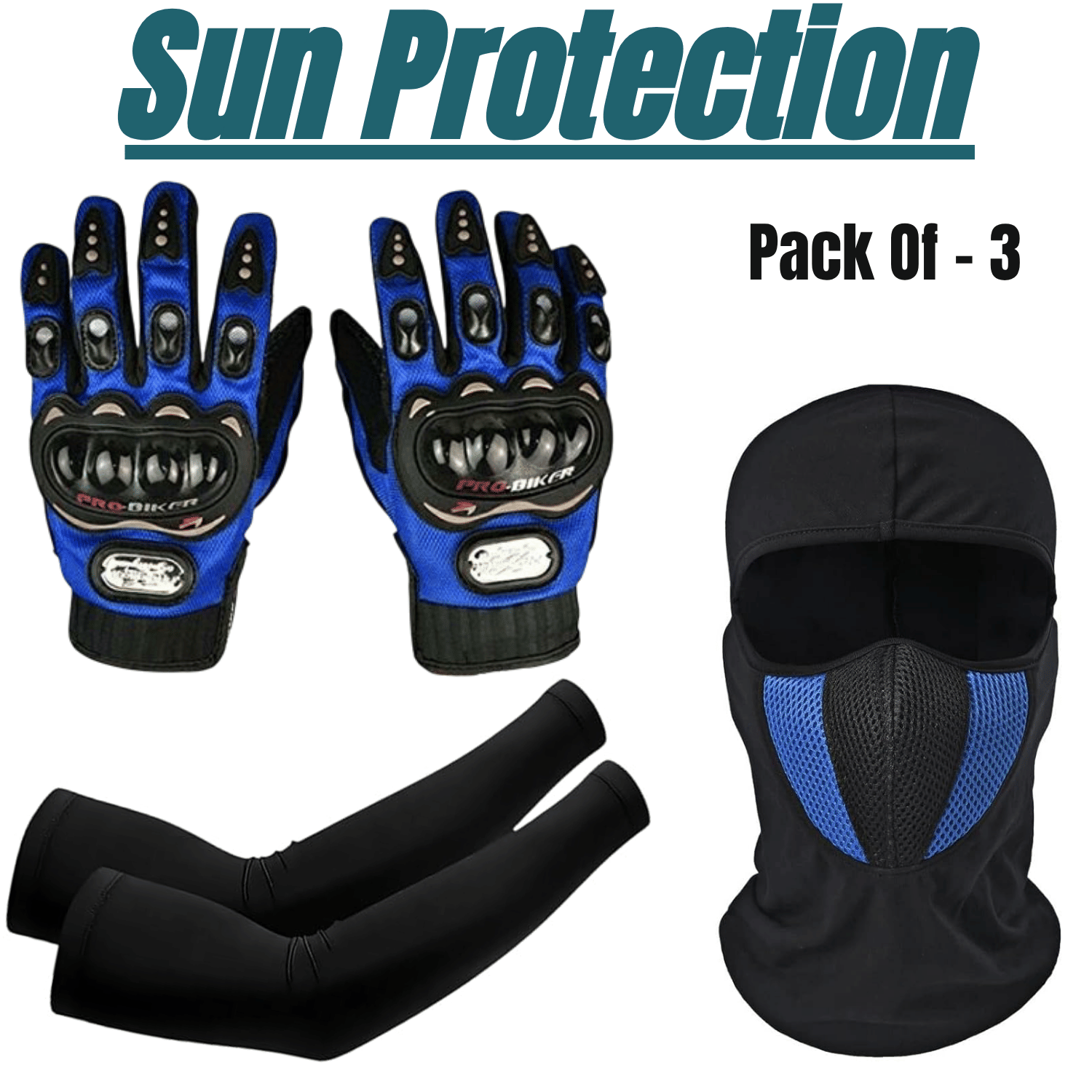     			Aksmit ( Pack Of - 3 ) Bike Riding Washable Dust Protection Sun Protection UV Men & Women Cycling Cricket & Running  Full Cover Face Mask , Arm Sleeve Unisex Sports , Full Finger Bike Riding Gloves with Touch Screen