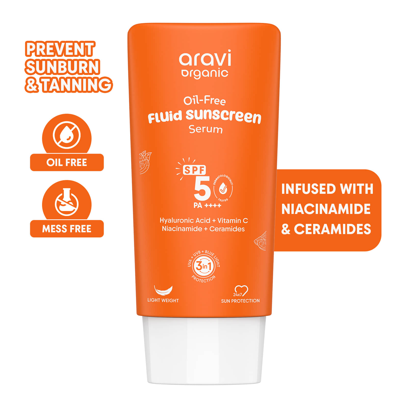 Aravi Organic Sunscreen SPF 50 PA++++ Oil,Free Fluid Sunscreen Serum Hyaluronic Acid Vitamin C ,50ml