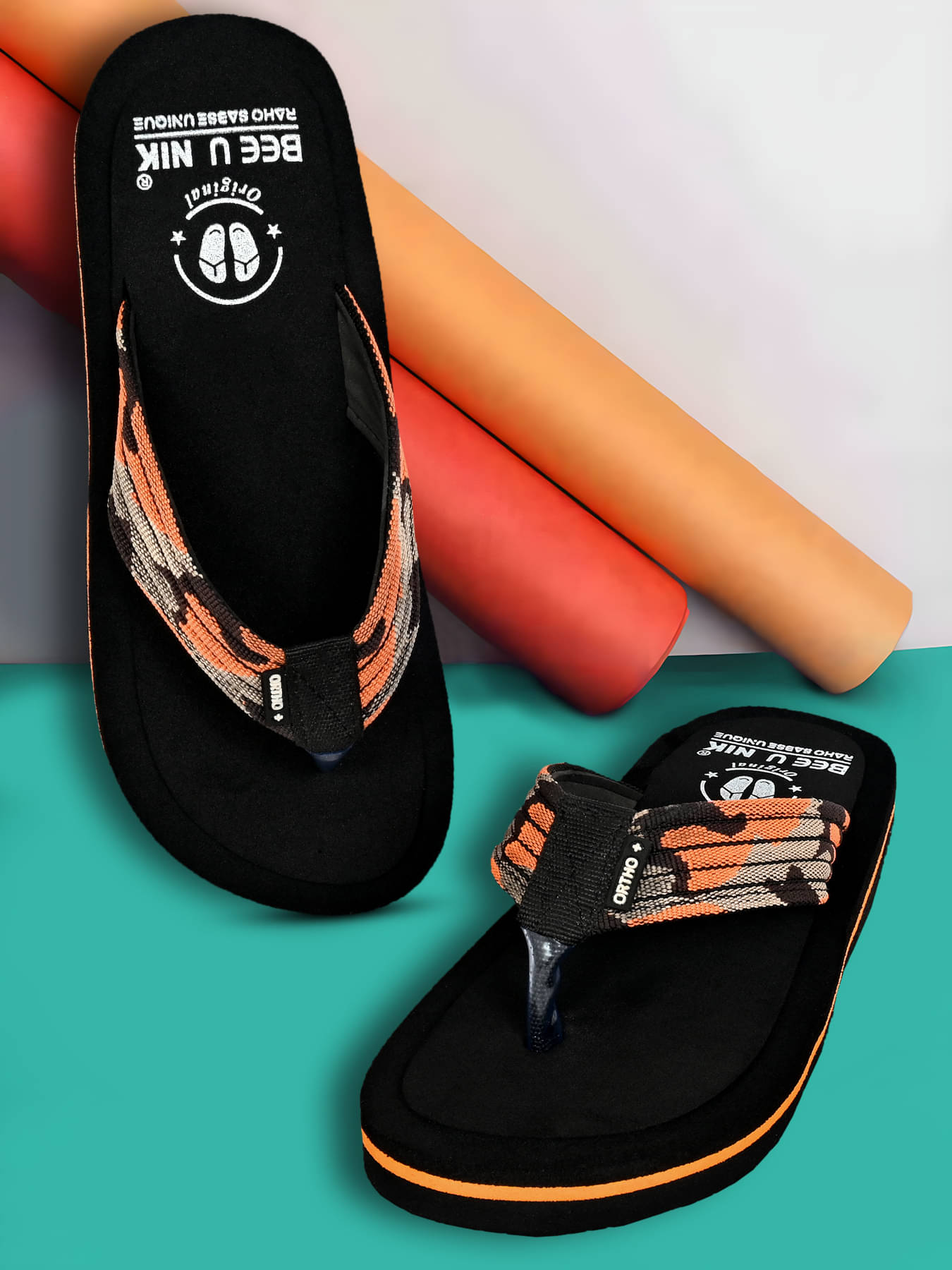     			BEE U NIK Orange Men's Thong Flip Flop