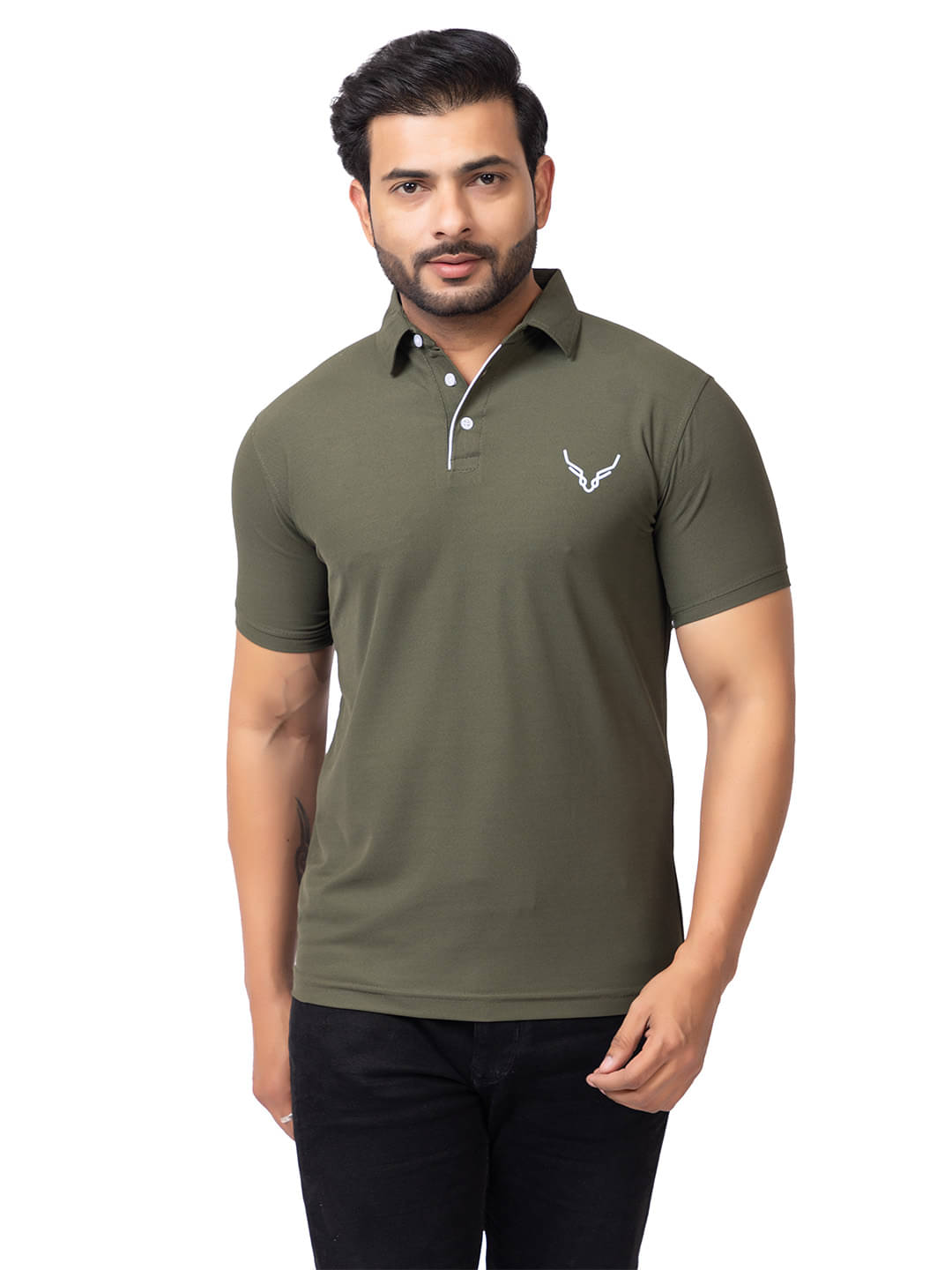 BUFFARO Men Cotton Blend Regular Fit Solid Polo T Shirt ( Olive )     			BUFFARO Men Cotton Blend Regular Fit Solid Polo T Shirt ( Olive )