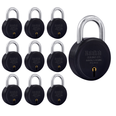 Malaikah Black Round 65 mm Padlock , Hardened Shackle , Double Locking 8 Lever , Comes with 3 Keys Pack of 10 Malaikah Black Round 65 mm Padlock , Hardened Shackle , Double Locking 8 Lever , Comes with 3 Keys Pack of 10