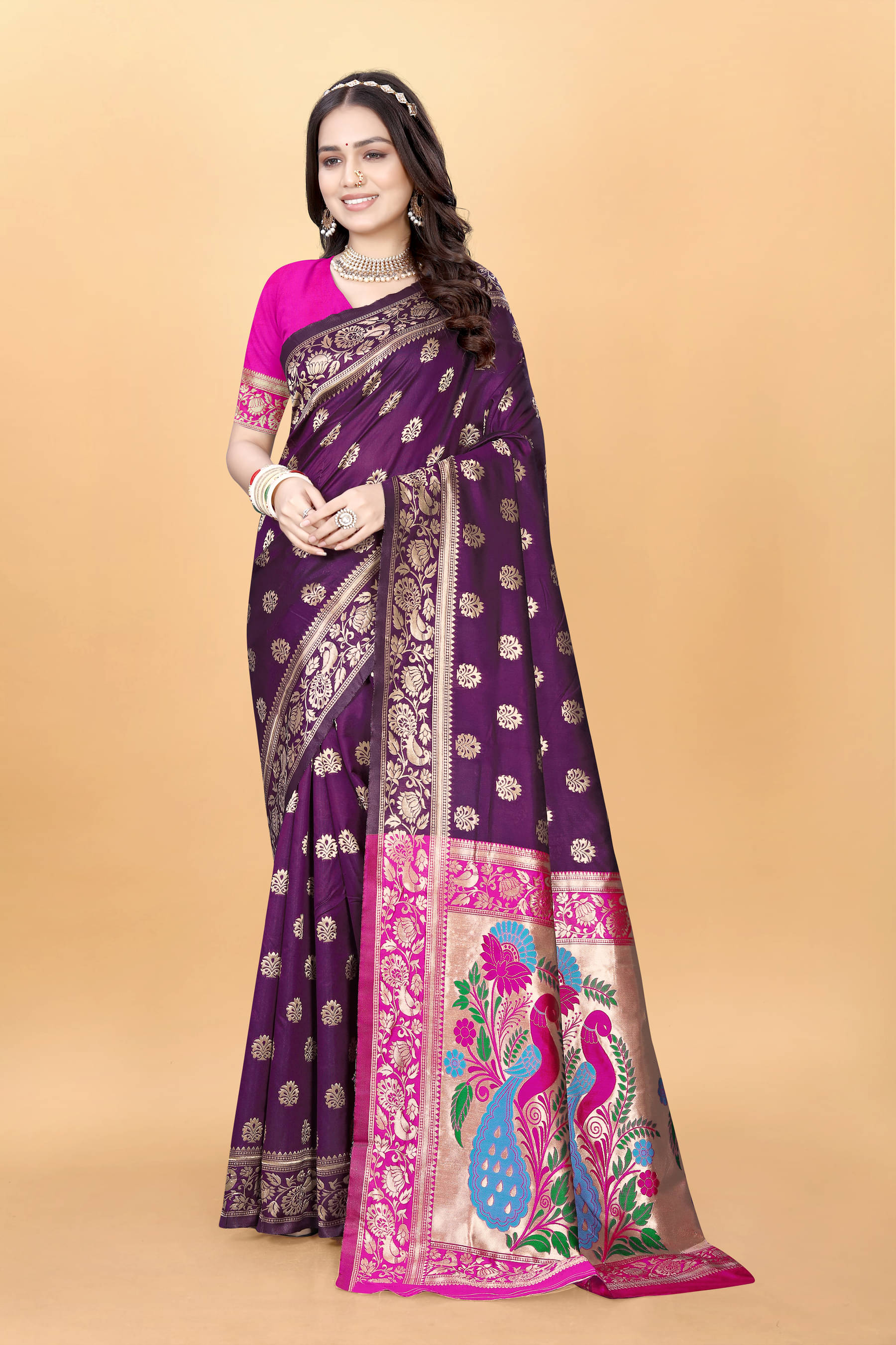 DHAYNA AND REEWA FASHION Jacquard Woven Kanjeevaram Sarees With Unstitched Blouse Piece ( Purple ) DHAYNA AND REEWA FASHION Jacquard Woven Kanjeevaram Sarees With Unstitched Blouse Piece ( Purple )